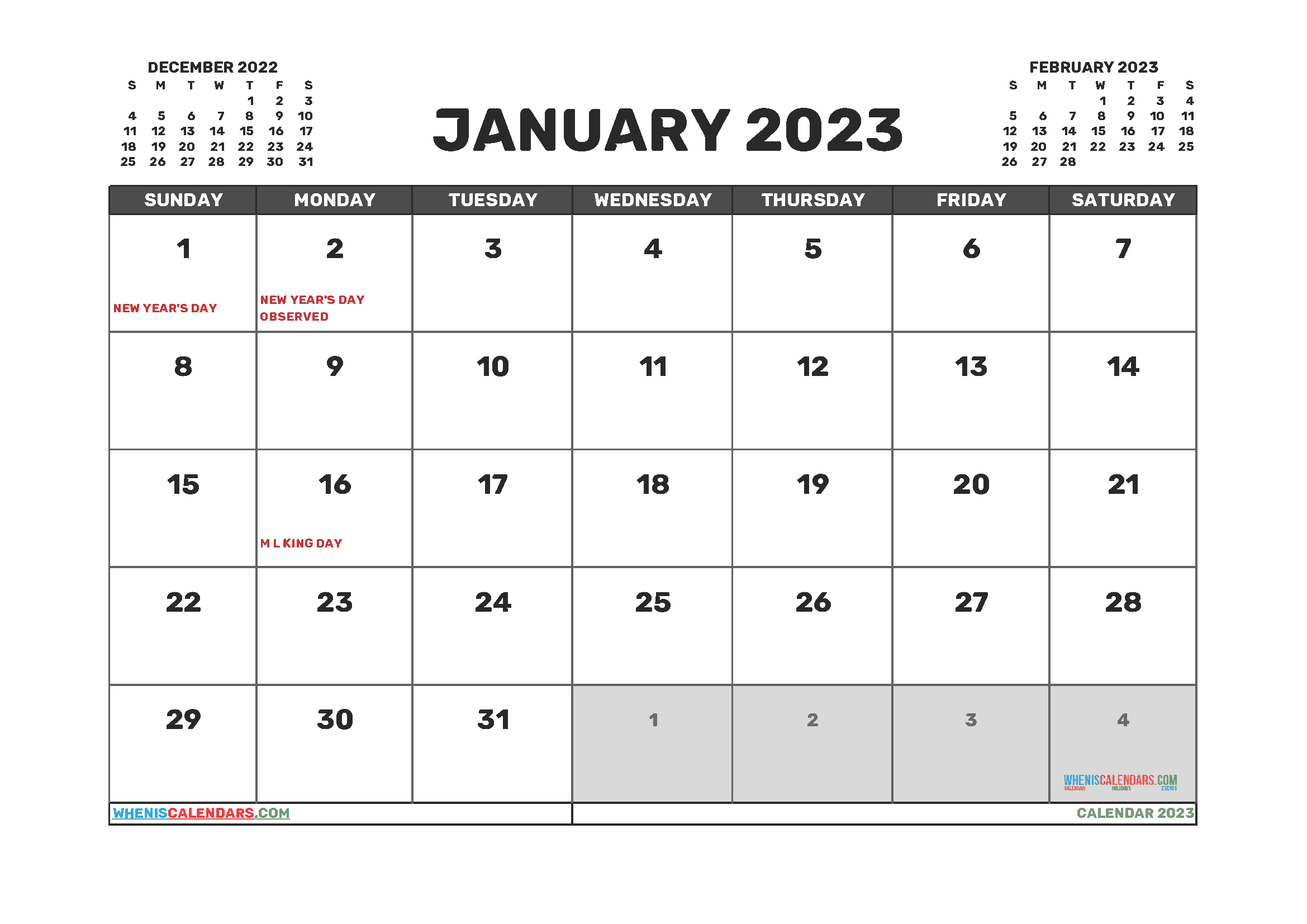 Free Printable January 2023 Calendar with Holidays PDF in Landscape