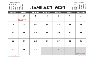 January 2023 Calendar with Holidays Free Printable PDF in Landscape (TMP: 123ha4hl92)