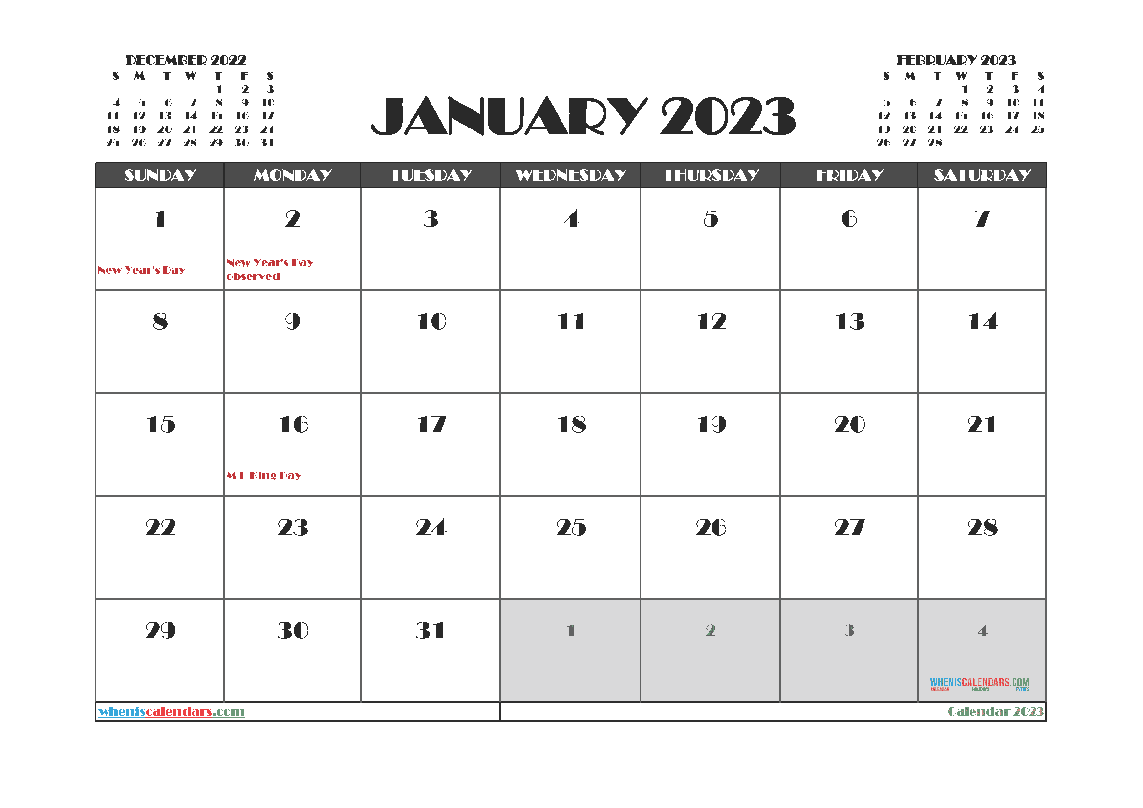 January 2023 Calendar with Holidays Free Printable PDF in Landscape
