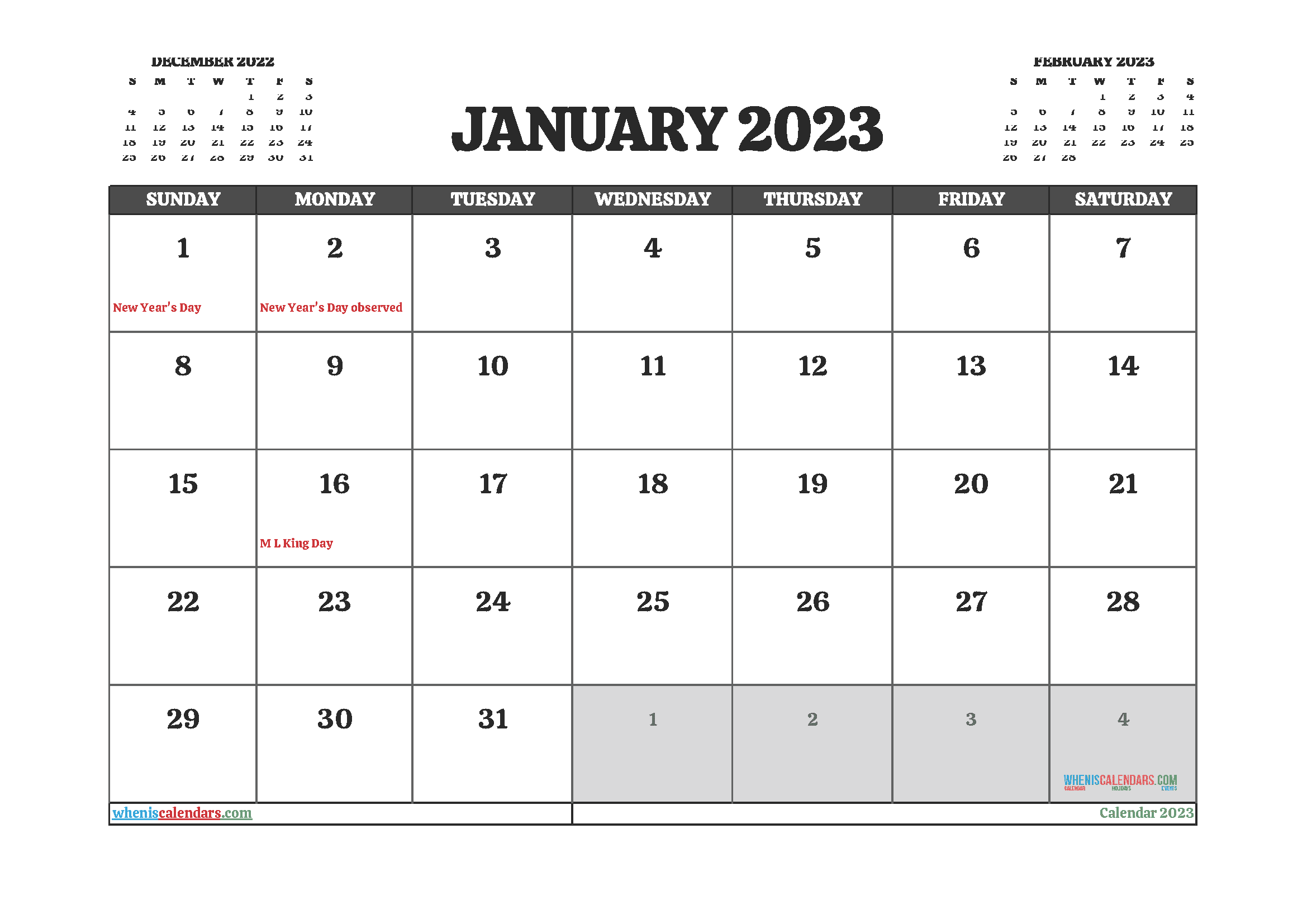 Free January 2023 Calendar with Holidays Printable PDF in Landscape