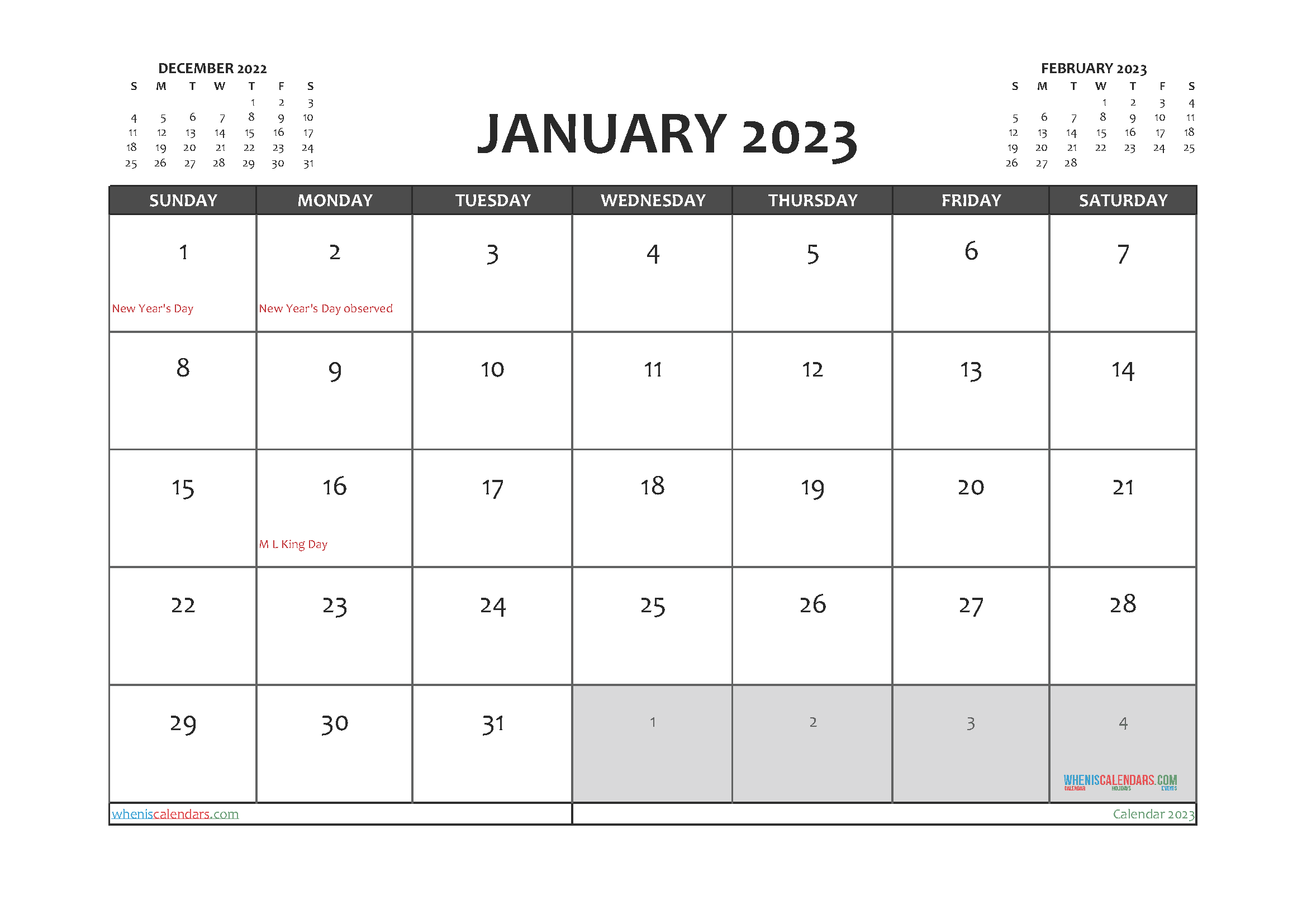Free Calendar January 2023 with Holidays Printable PDF in Landscape