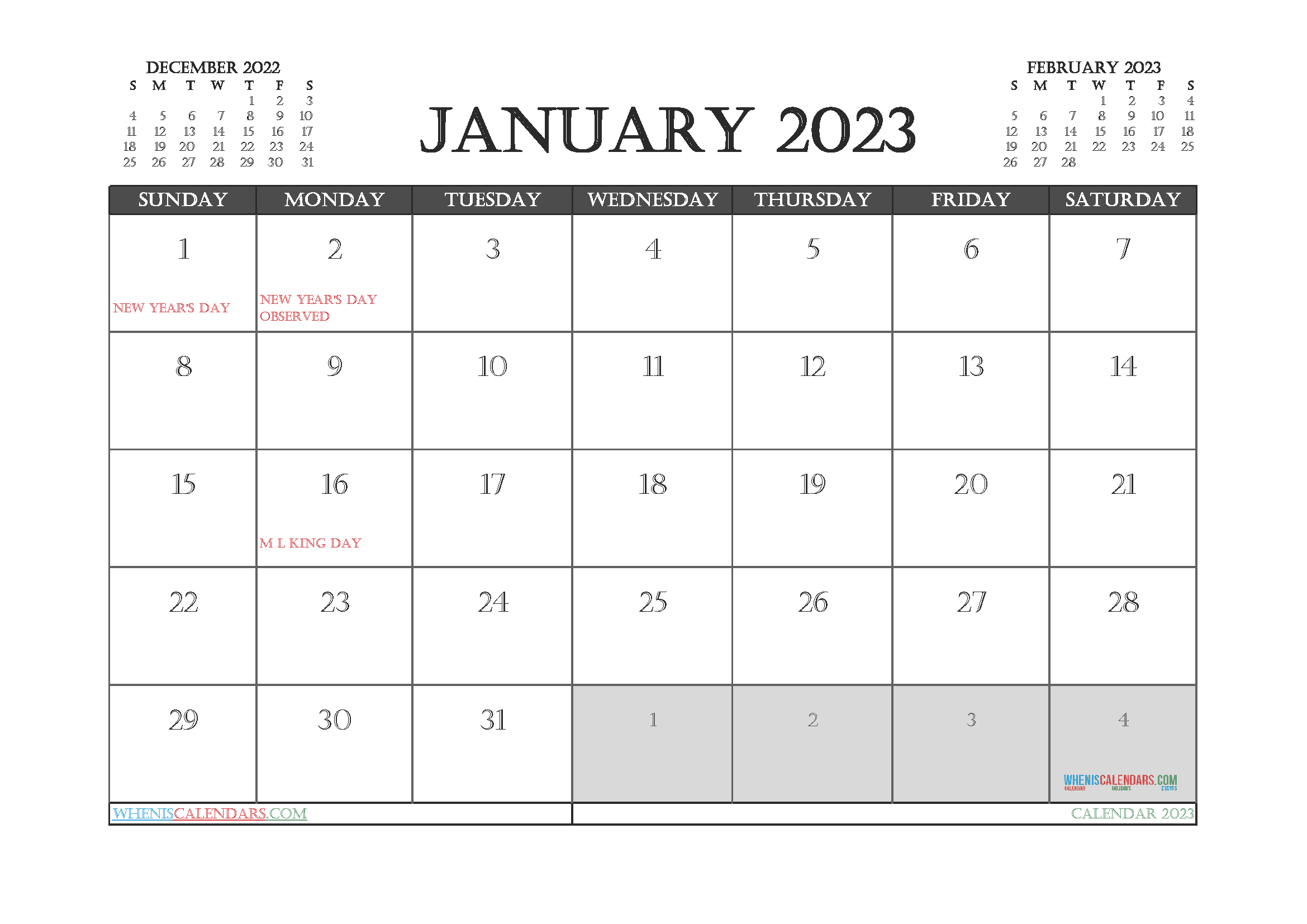 Printable January 2023 Calendar with Holidays Free PDF in Landscape