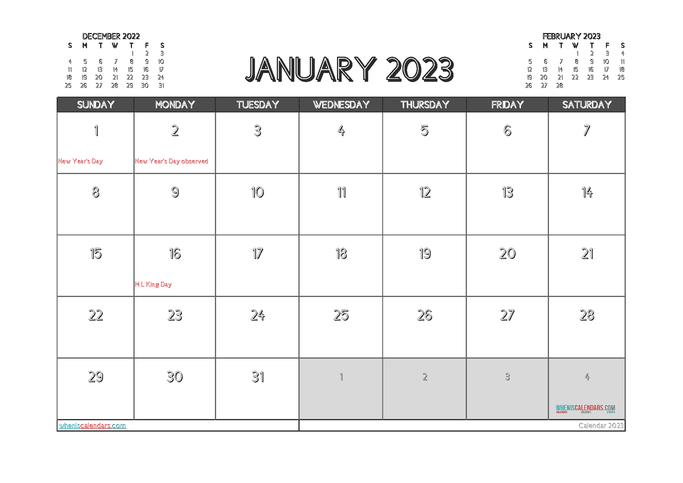 Free Calendar January 2023 with Holidays Printable PDF in Landscape