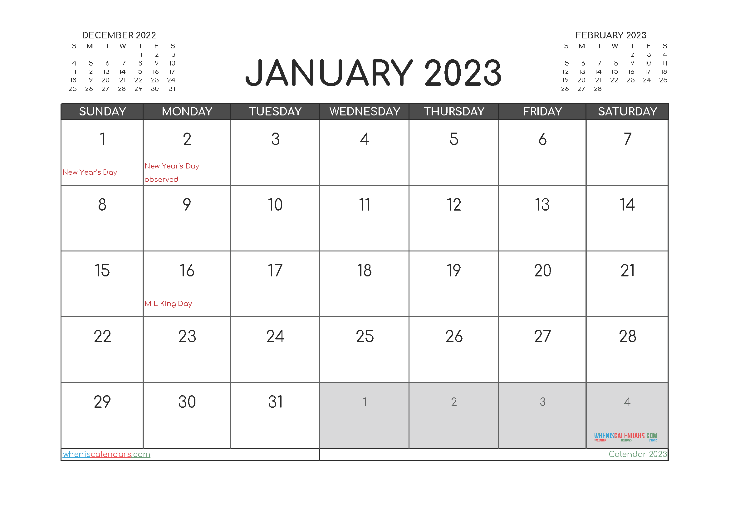 Downloadable January 2023 Calendar with Holidays Printable Free PDF in Landscape