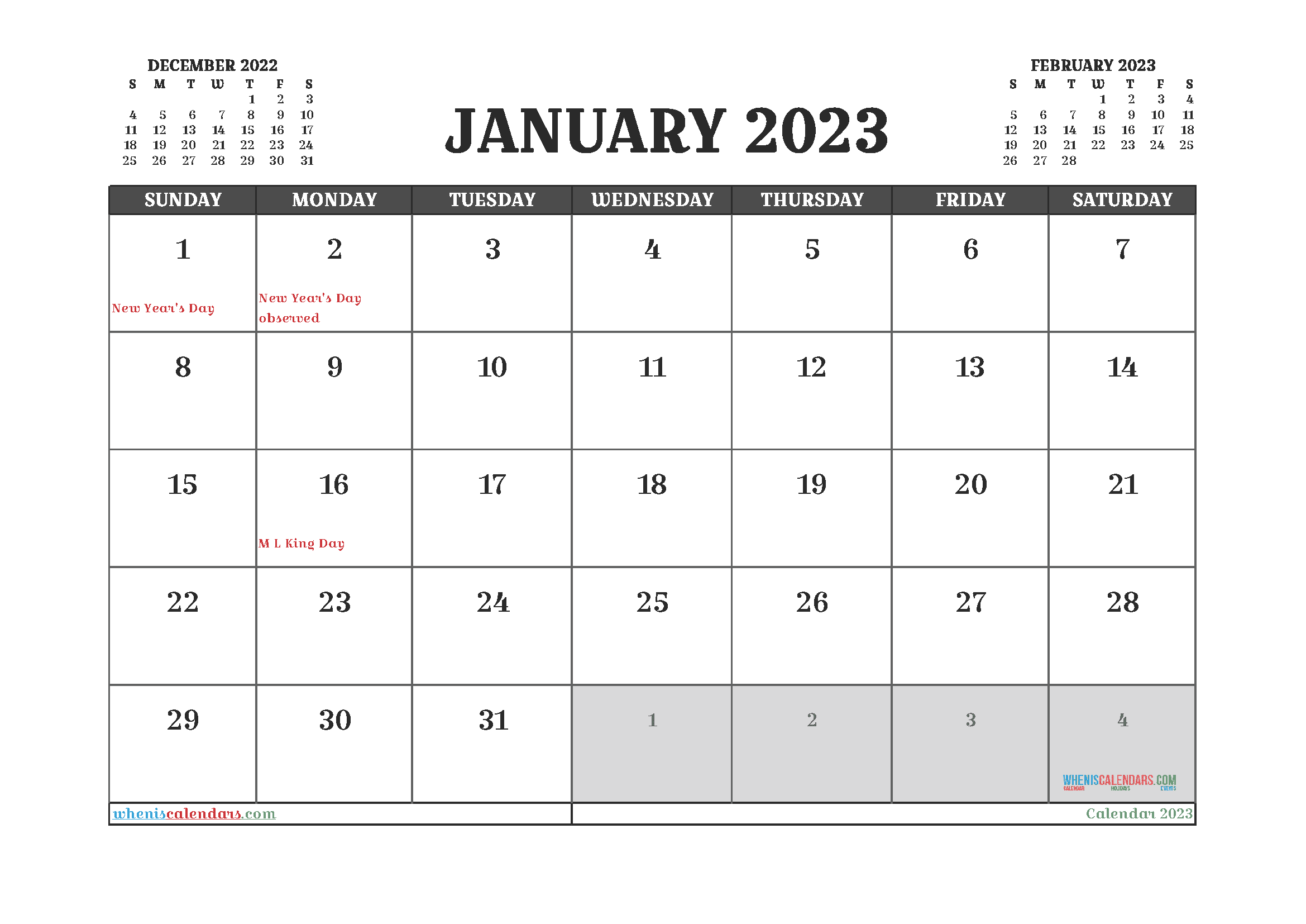 Free Printable Calendar January 2023 with Holidays PDF in Landscape