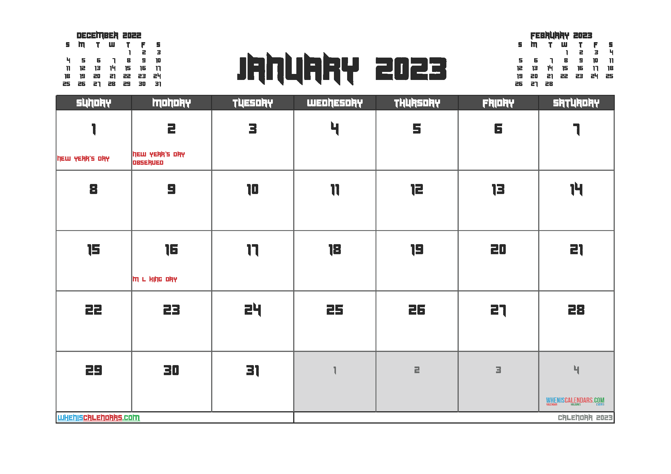 Printable January 2023 Calendar with Holidays Free PDF in Landscape