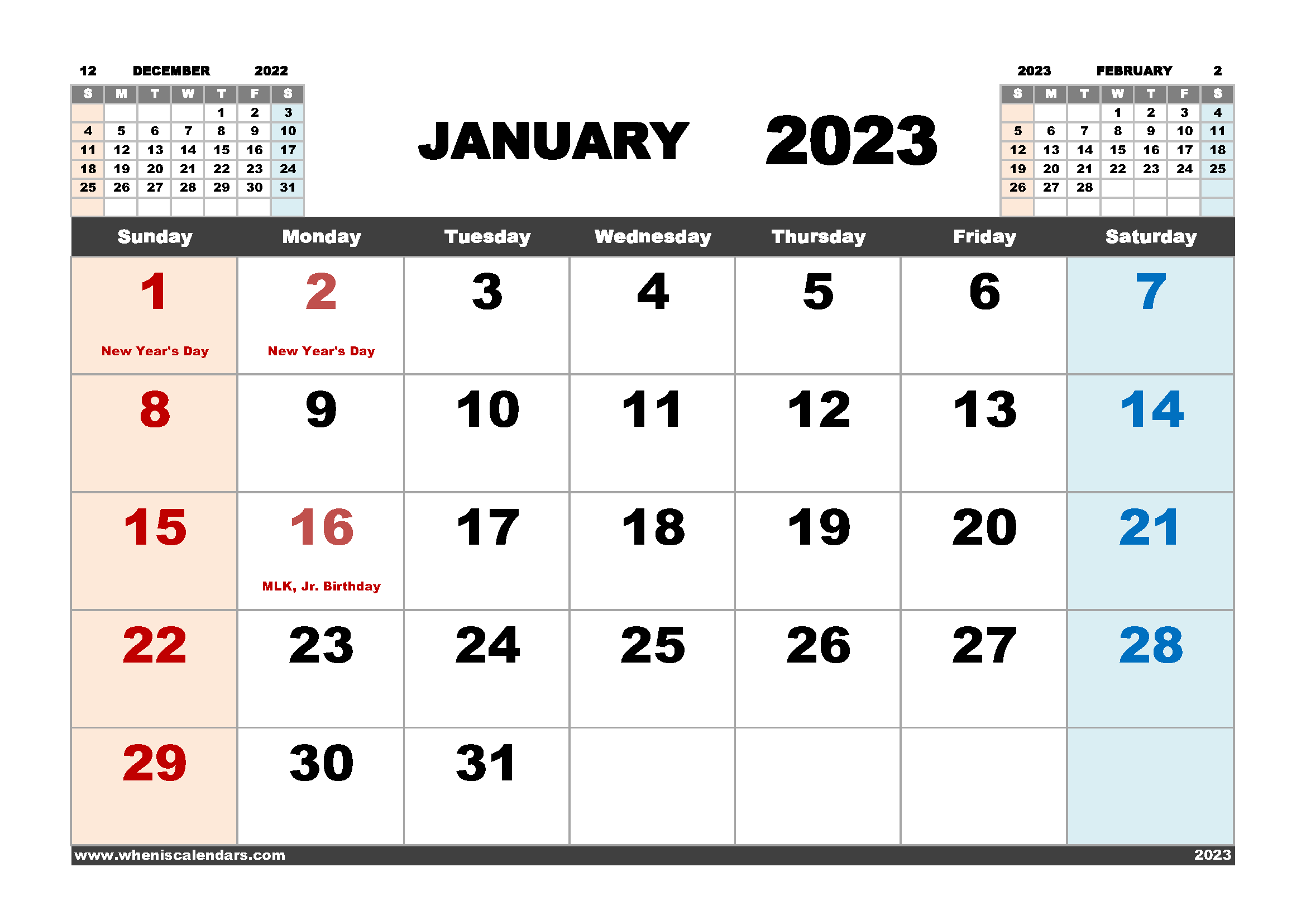 January 2023 Calendar Free Printable PDF Landscape Format