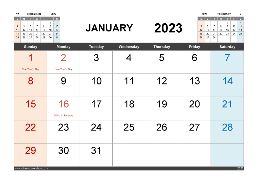 Downloadable free calendar for January 2023 printable with holidays pdf and variety format