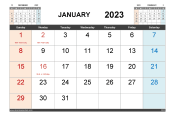 Downloadable free calendar for January 2023 printable with holidays pdf and variety format