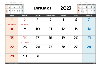 Downloadable Free Printable January 2023 Calendar with Holidays Monthly Calendar in Variety Format