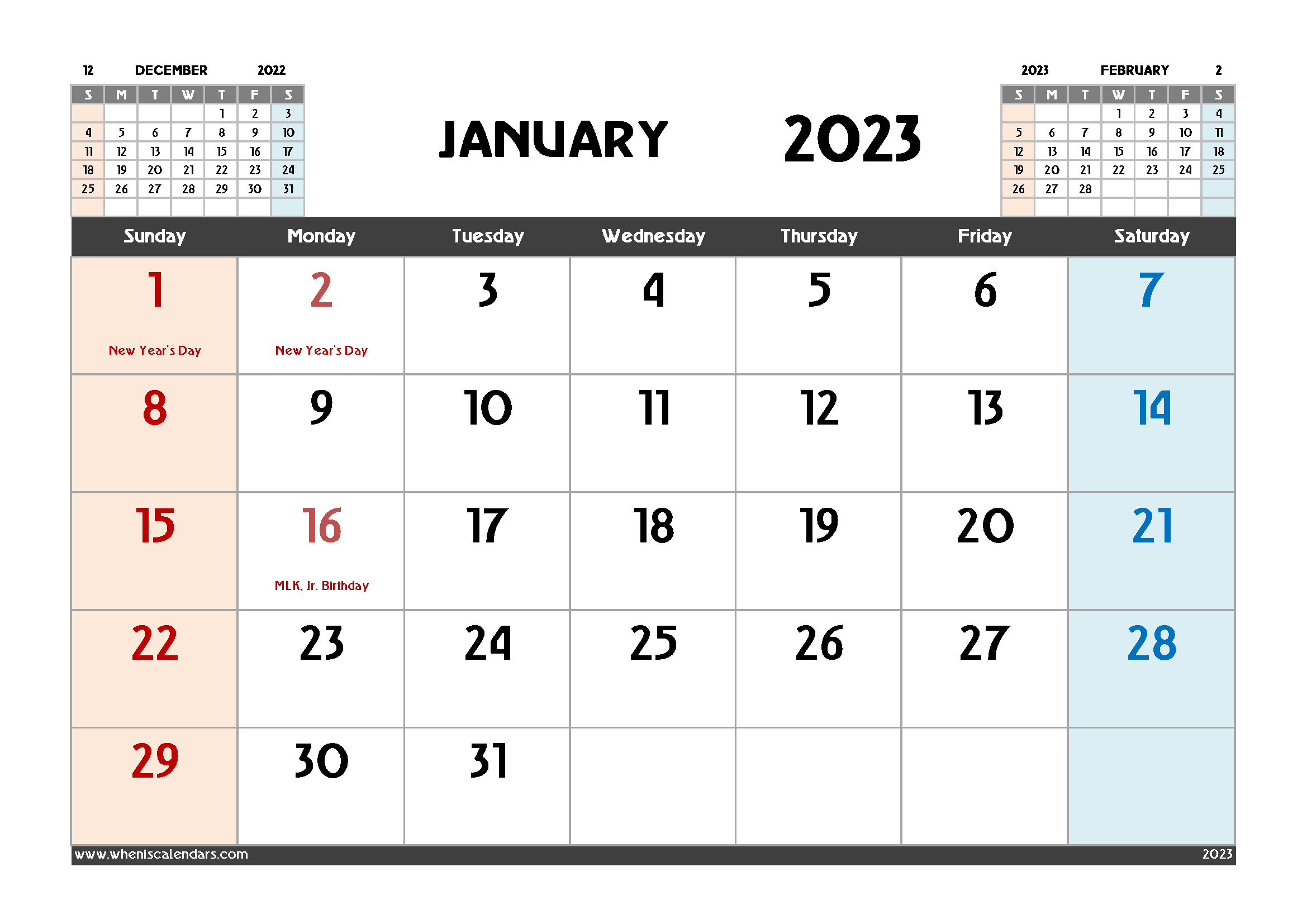 Free Printable January 2023 Calendar Template PDF in Variety Formats