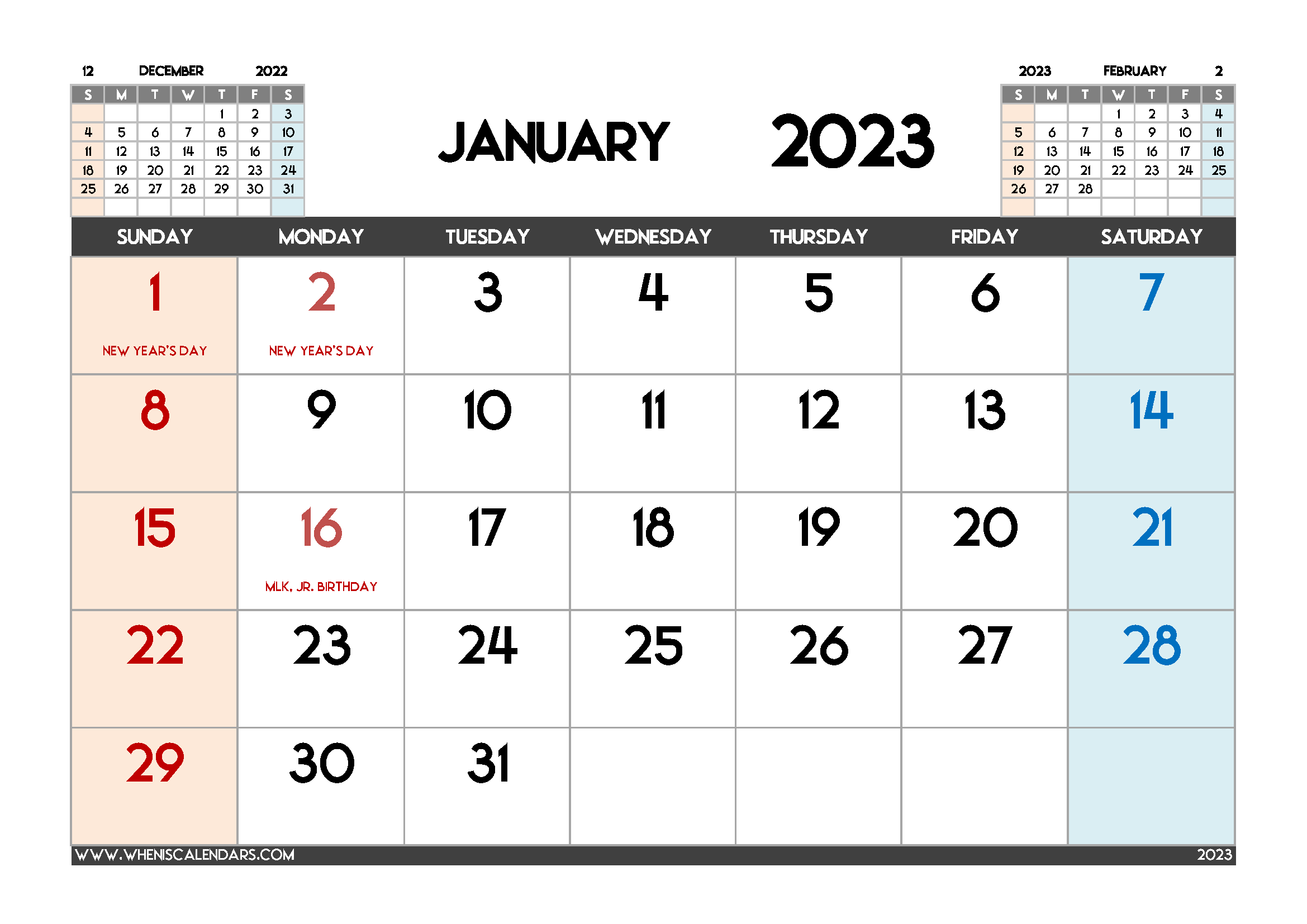 Printable January 2023 Calendar Free PDF in Landscape