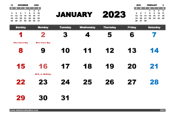 Downloadable Free Printable January 2023 Calendar with Holidays Monthly Calendar in Variety Format