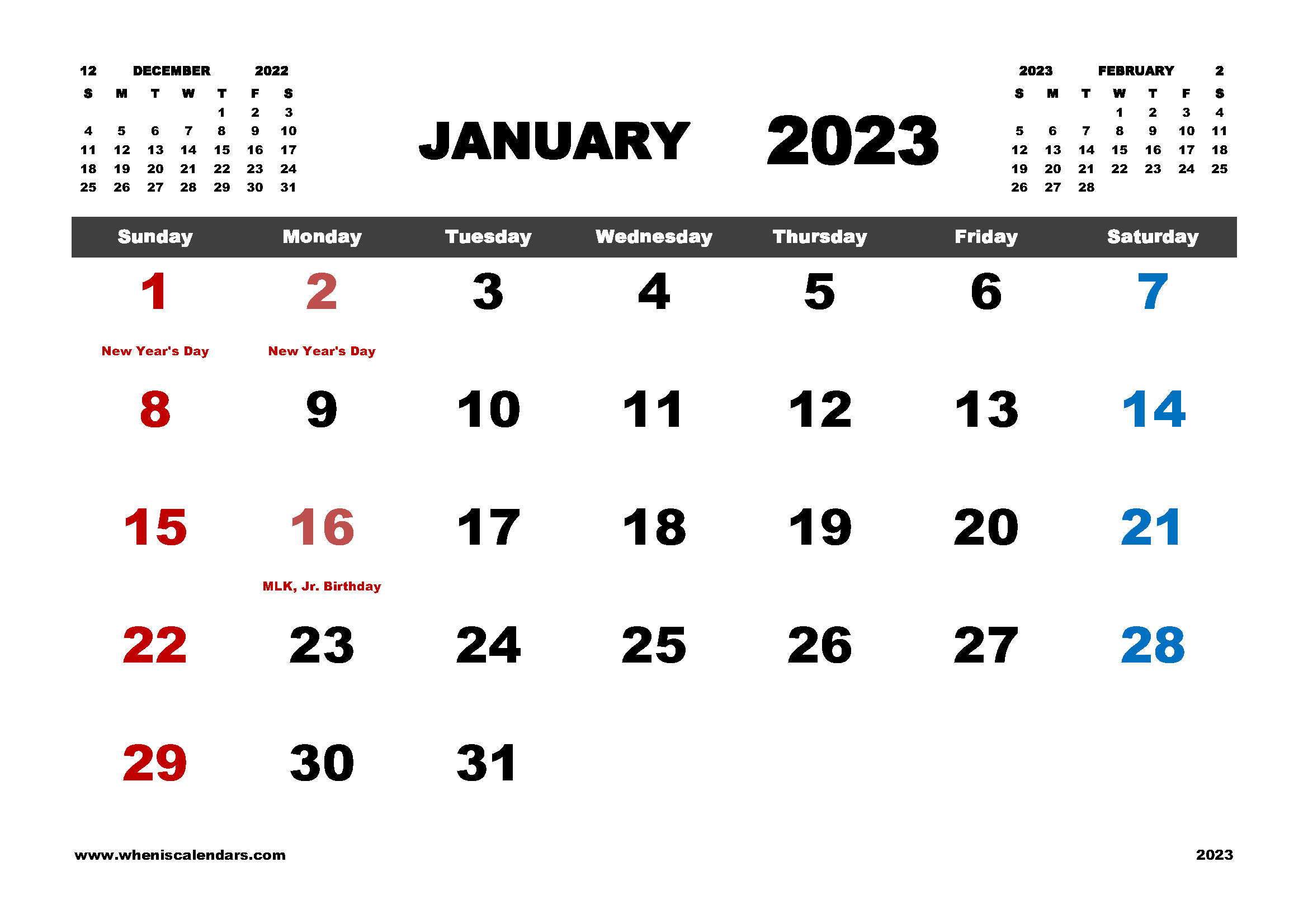 Free Printable January 2023 Calendar with Holidays in Variety Formats