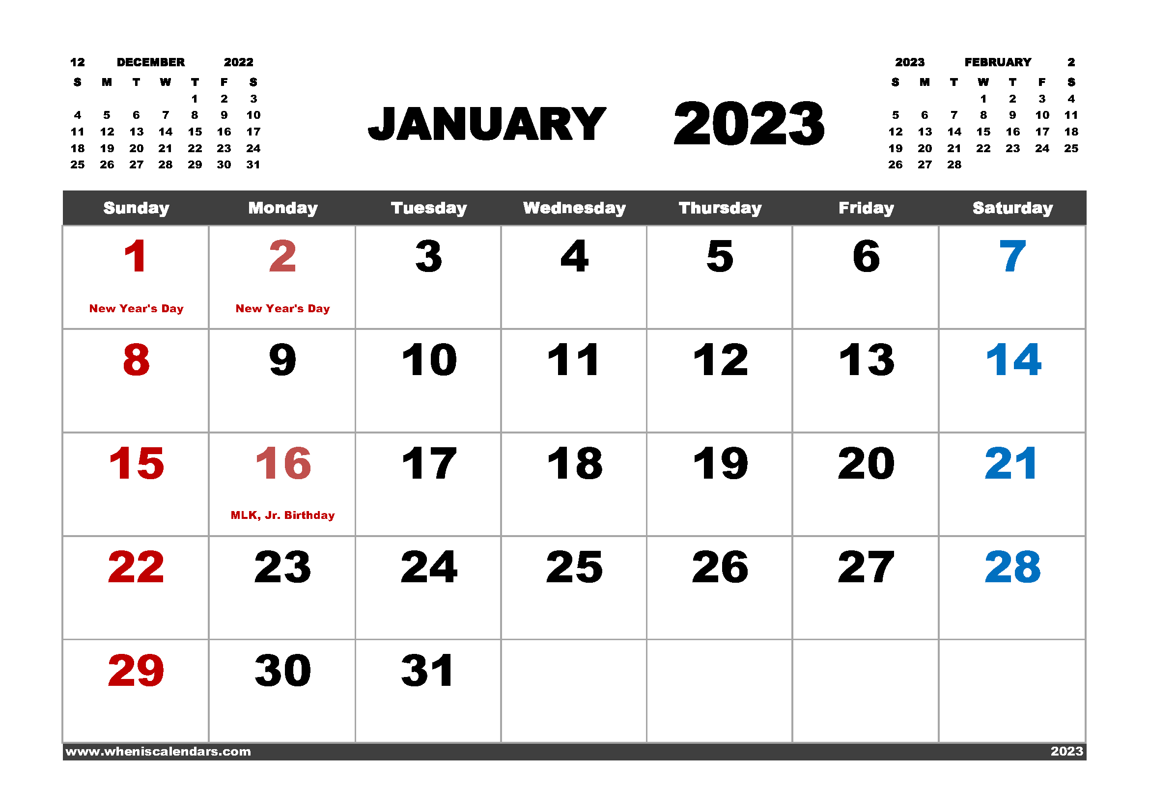Free Printable Calendar January 2023 in Variety Formats