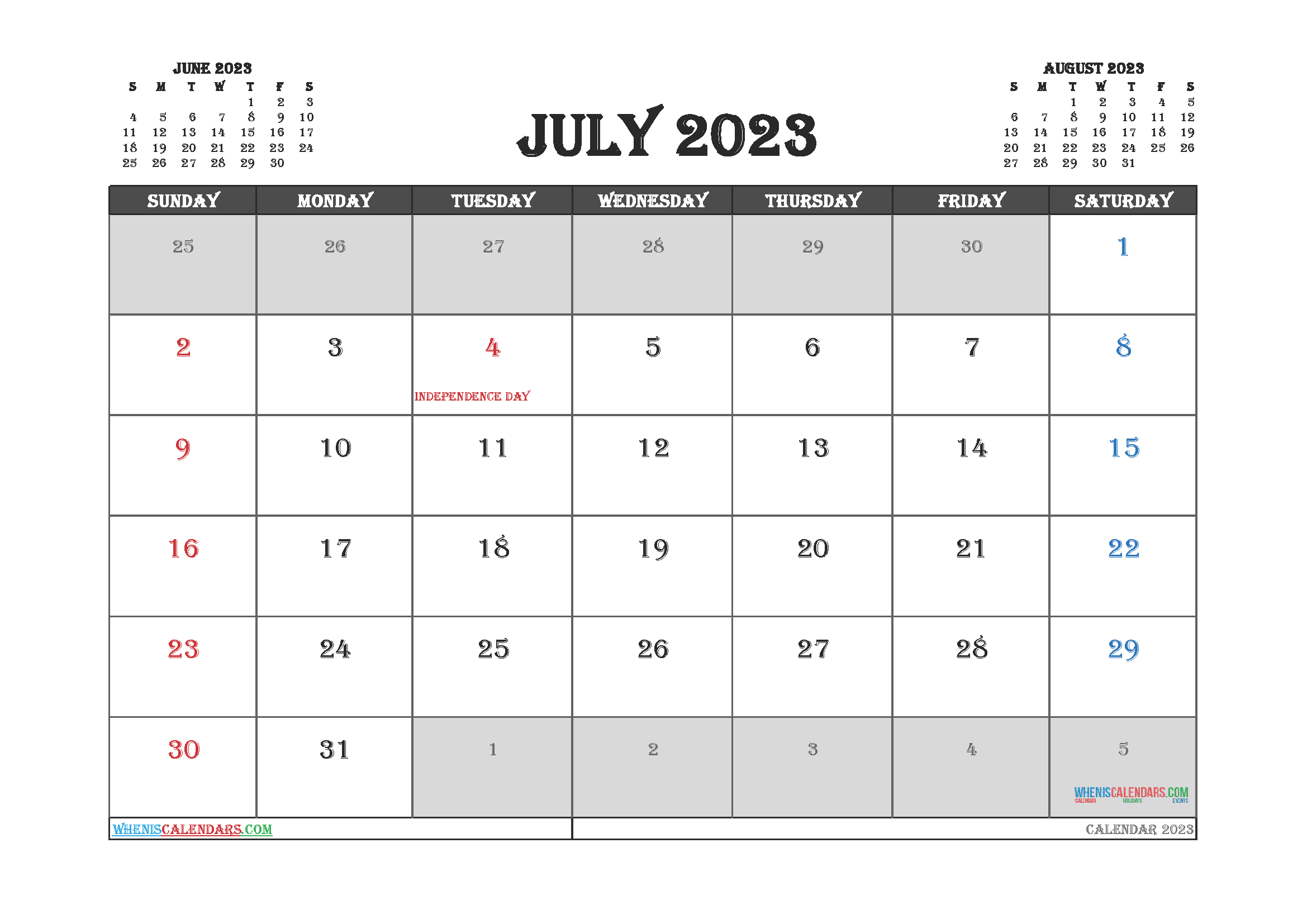 Free Printable July 2023 Calendar with Holidays PDF in Landscape