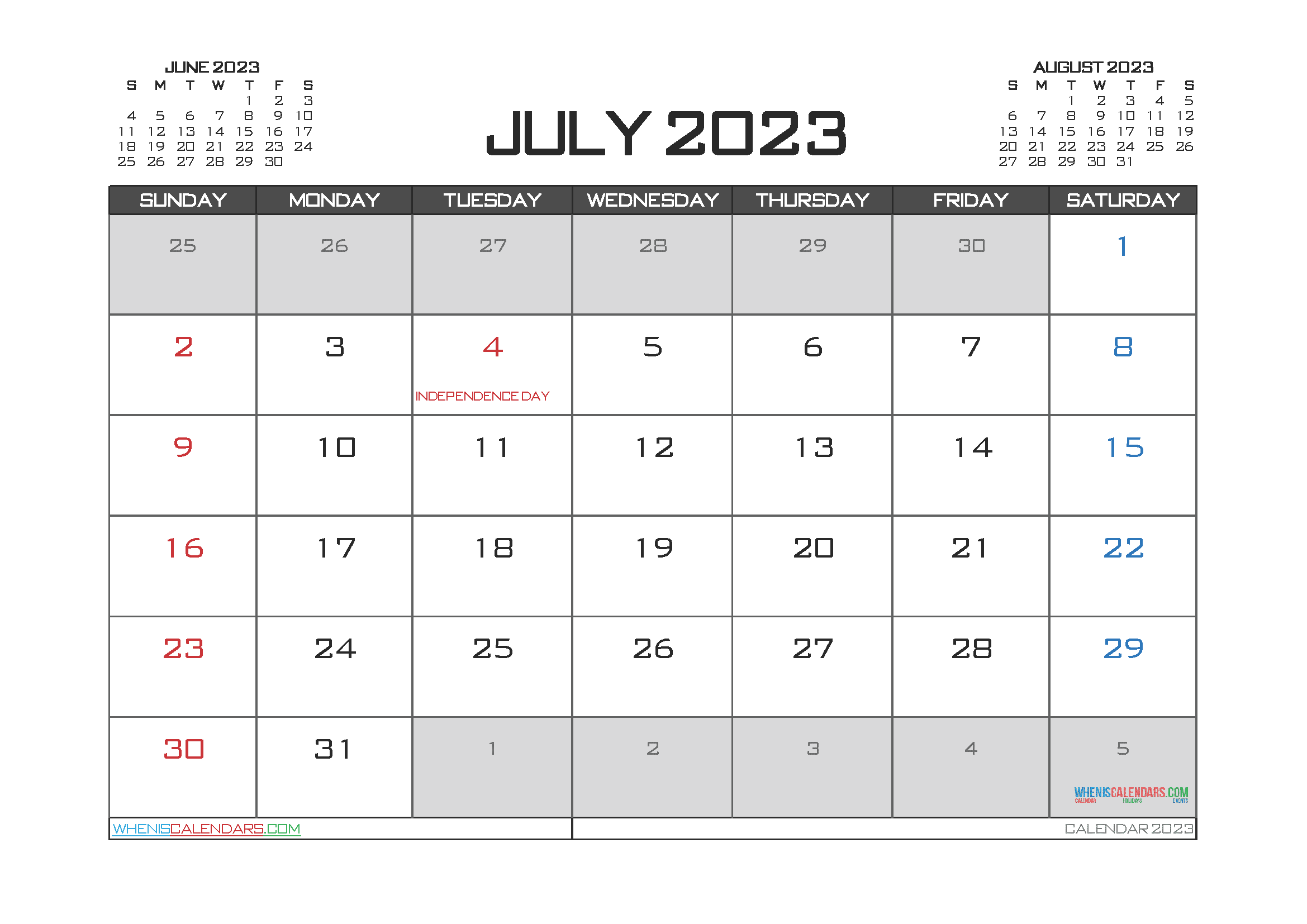 Free Printable Calendar 2023 July with Holidays PDF in Landscape