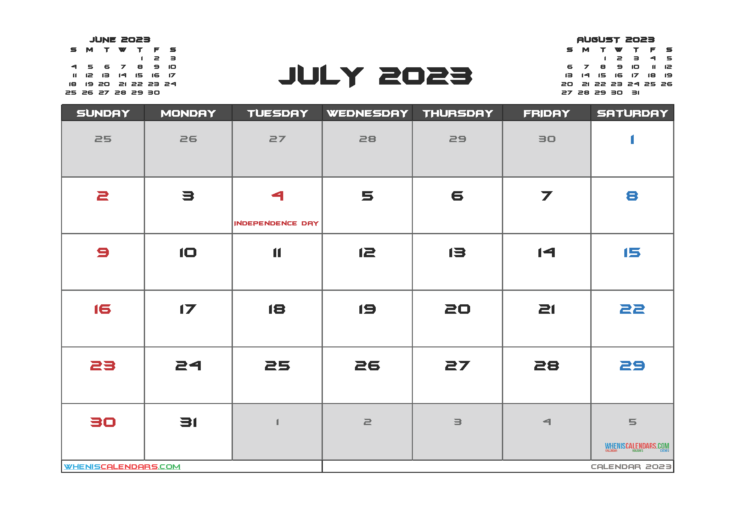 July 2023 Calendar with Holidays Free Printable PDF in Landscape