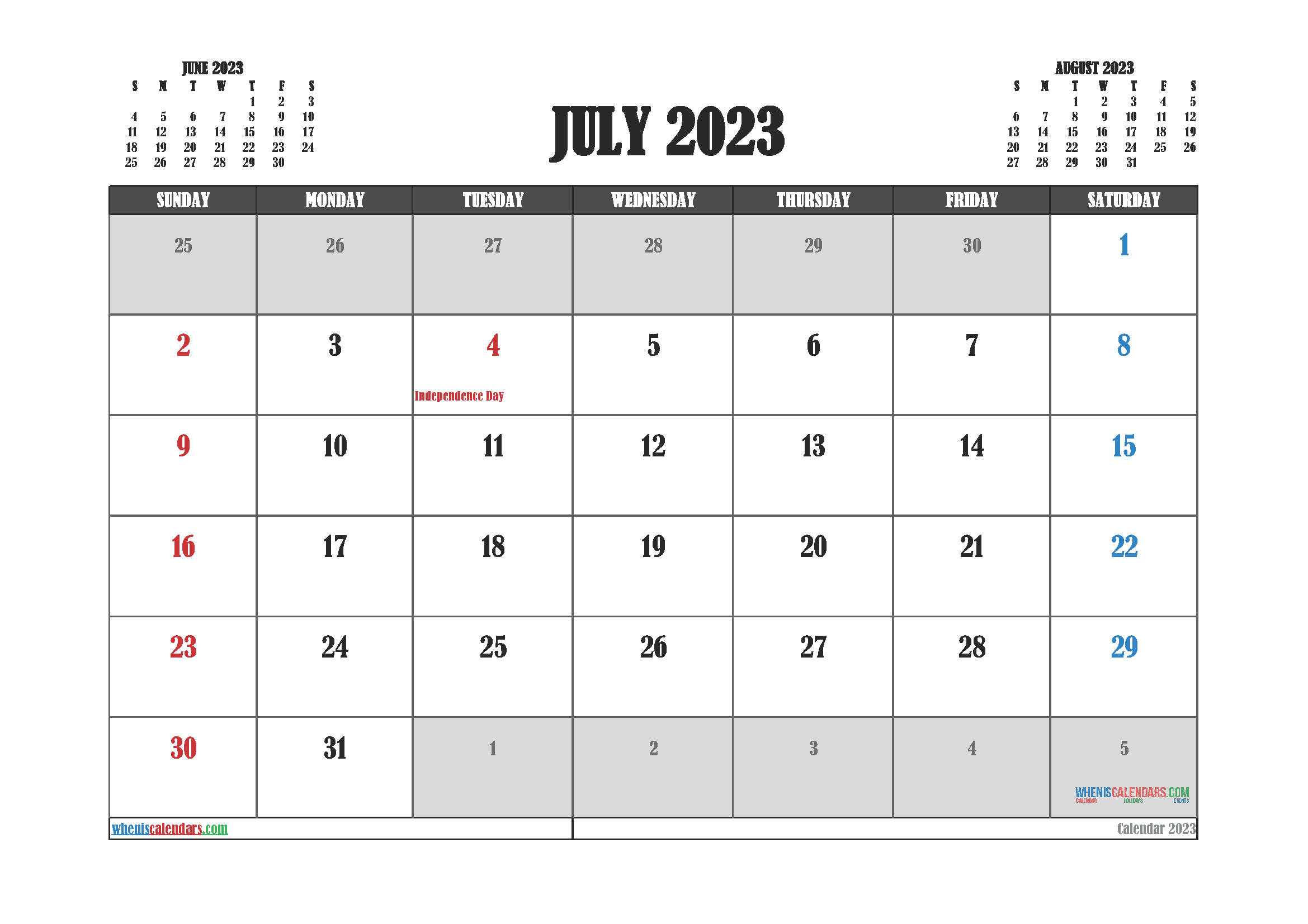 Downloadable July 2023 Calendar with Holidays Printable Free PDF in Landscape