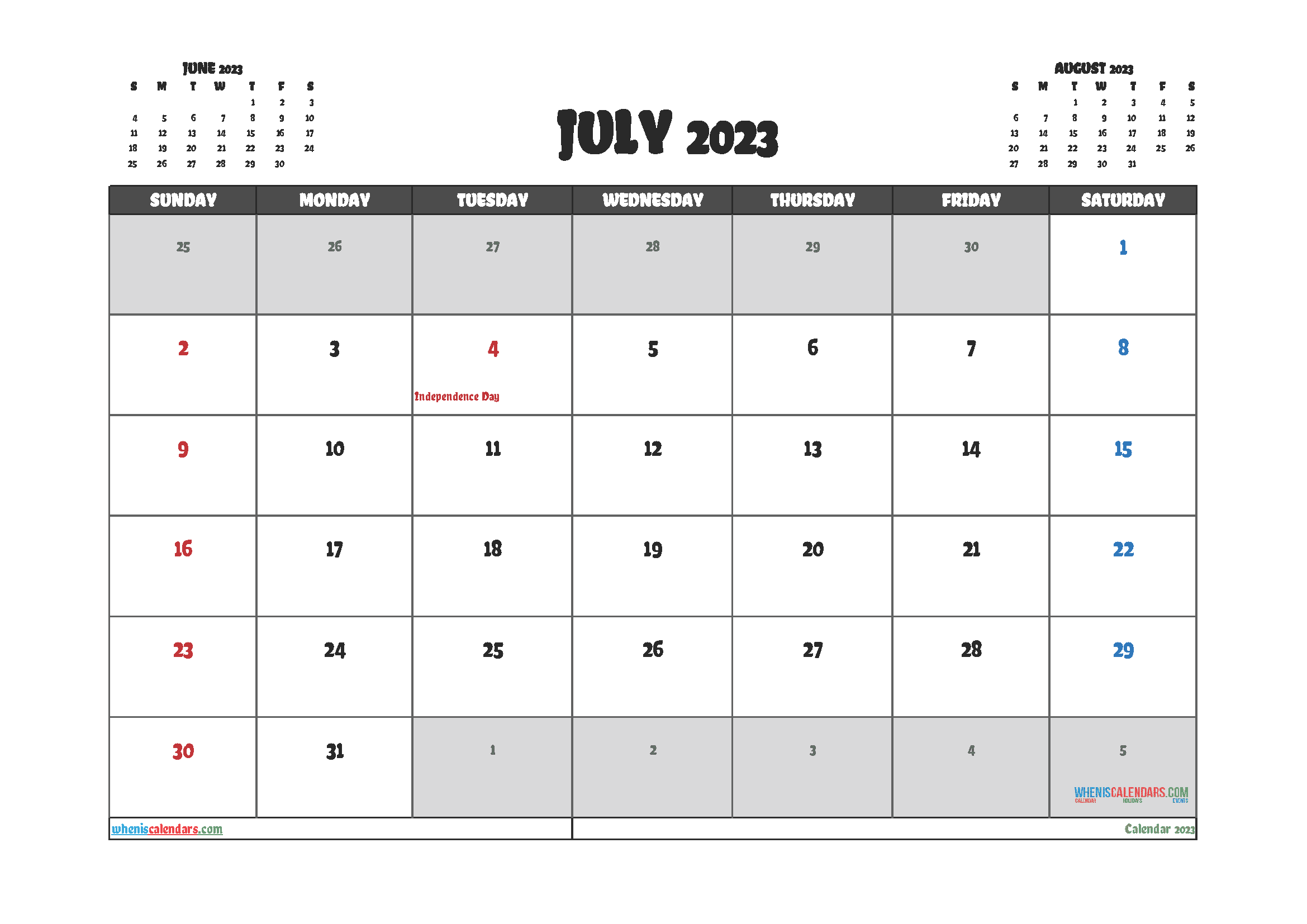 Printable July 2023 Calendar with Holidays Free PDF in Landscape
