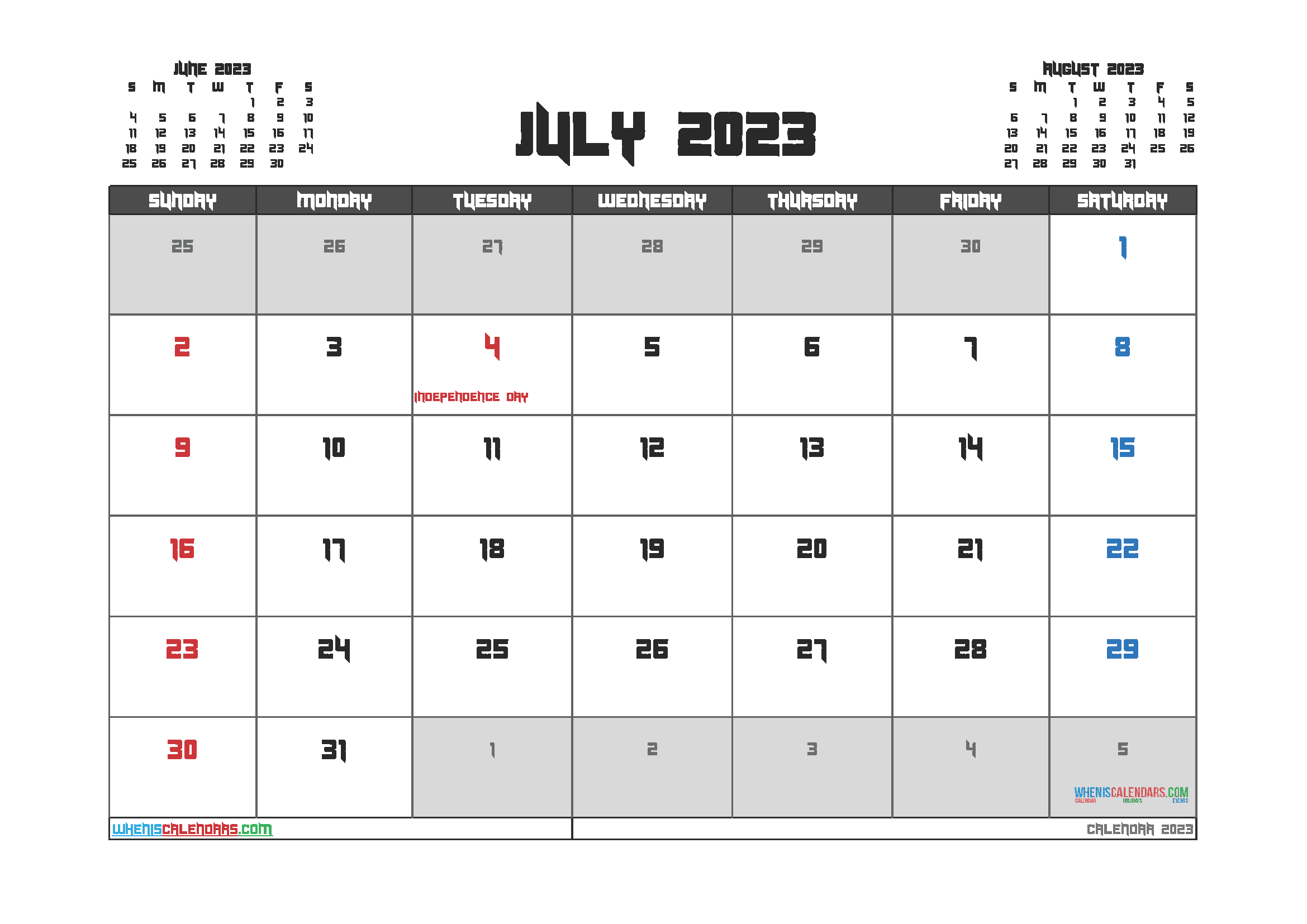 Free Printable Calendar 2023 July with Holidays PDF in Landscape