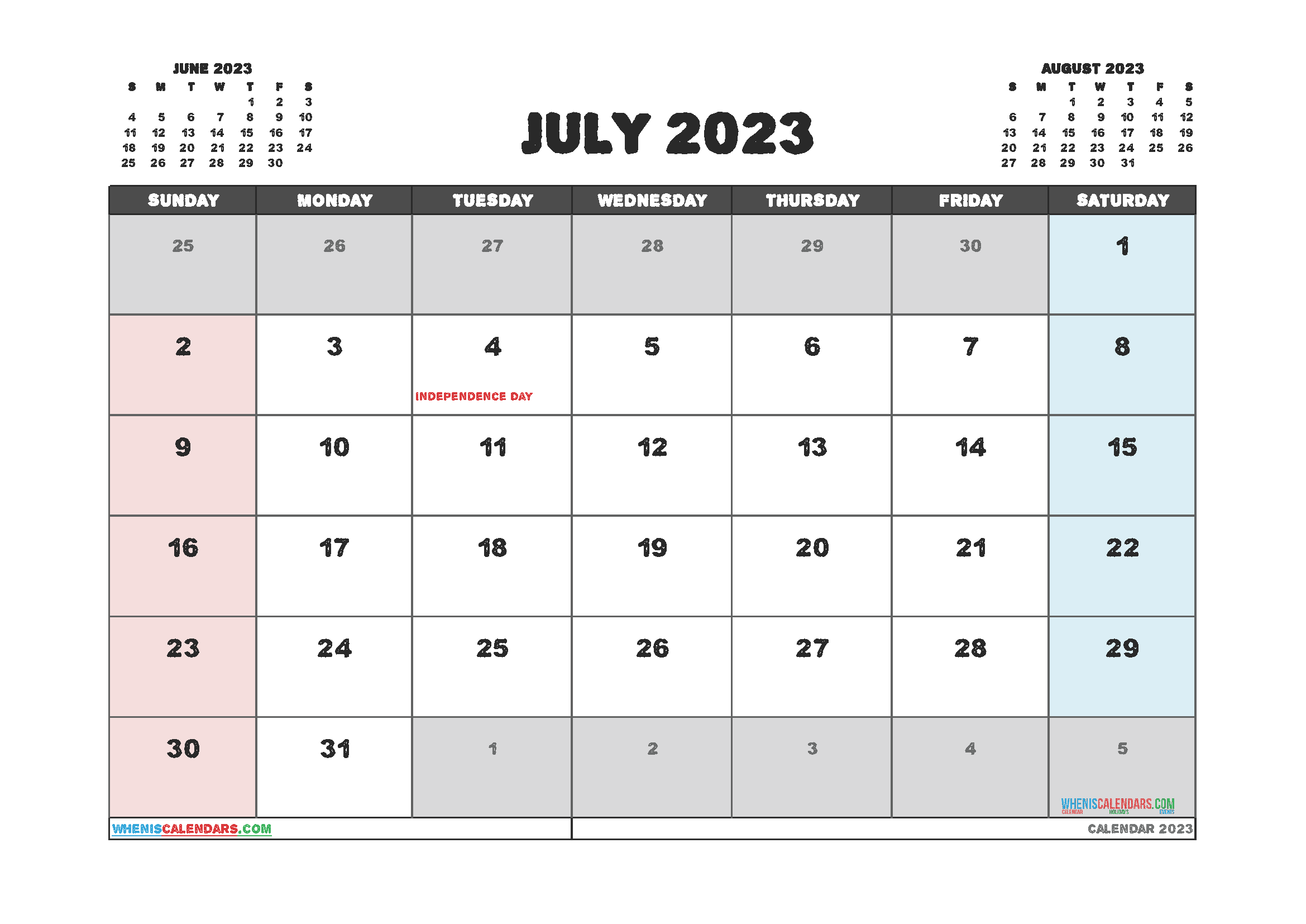 Free Calendar July 2023 with Holidays Printable PDF in Landscape