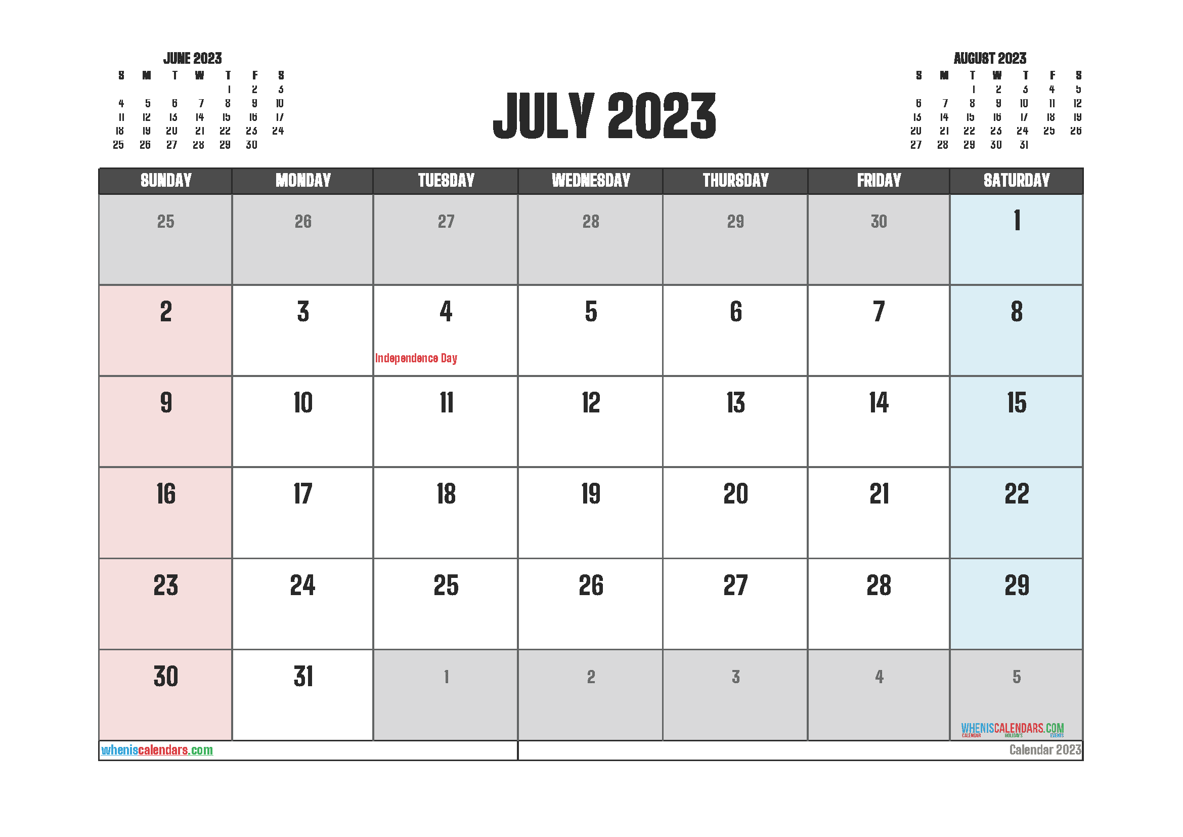Free Printable Calendar July 2023 with Holidays PDF in Landscape