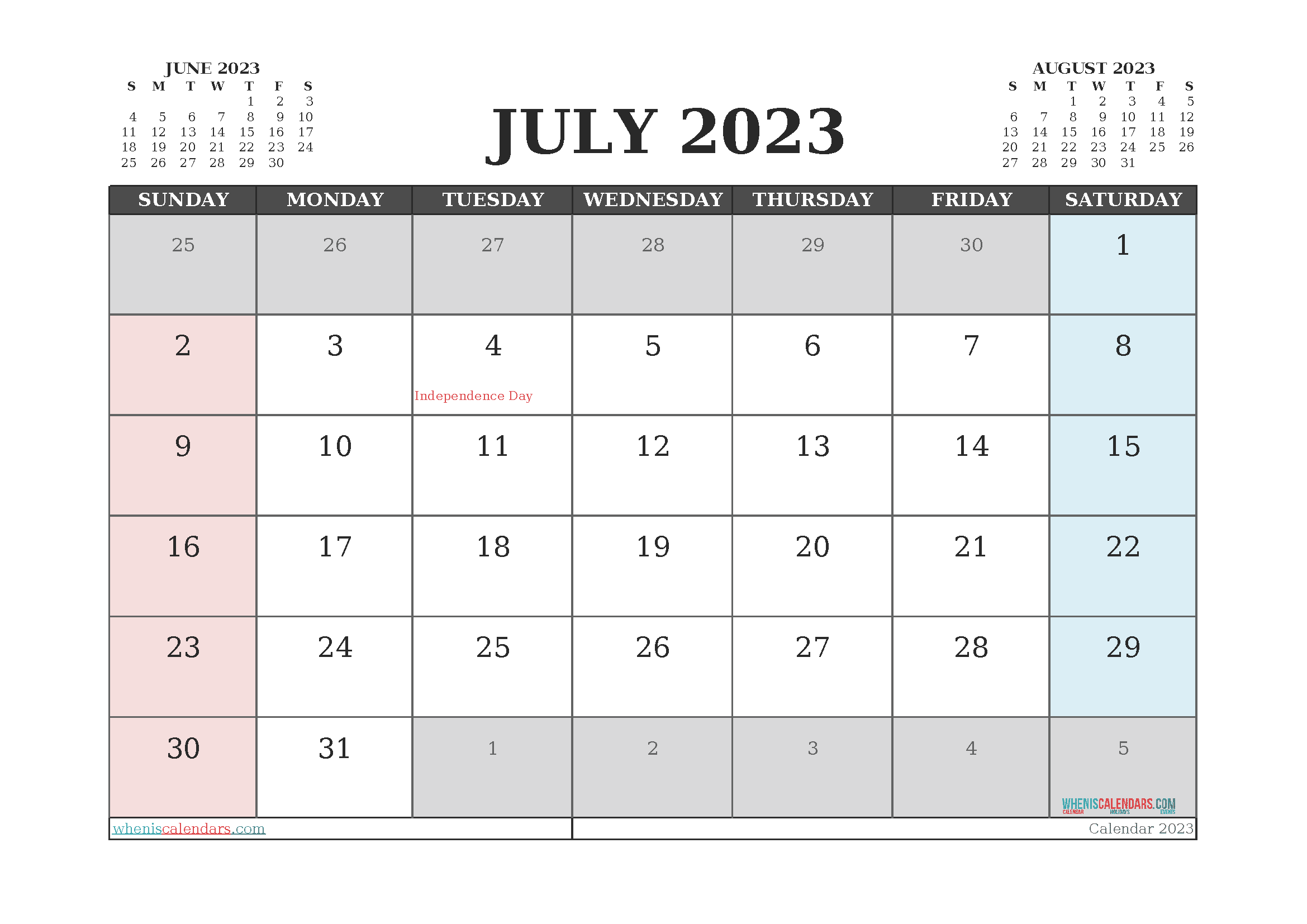 Free Calendar 2023 July with Holidays PDF in Landscape