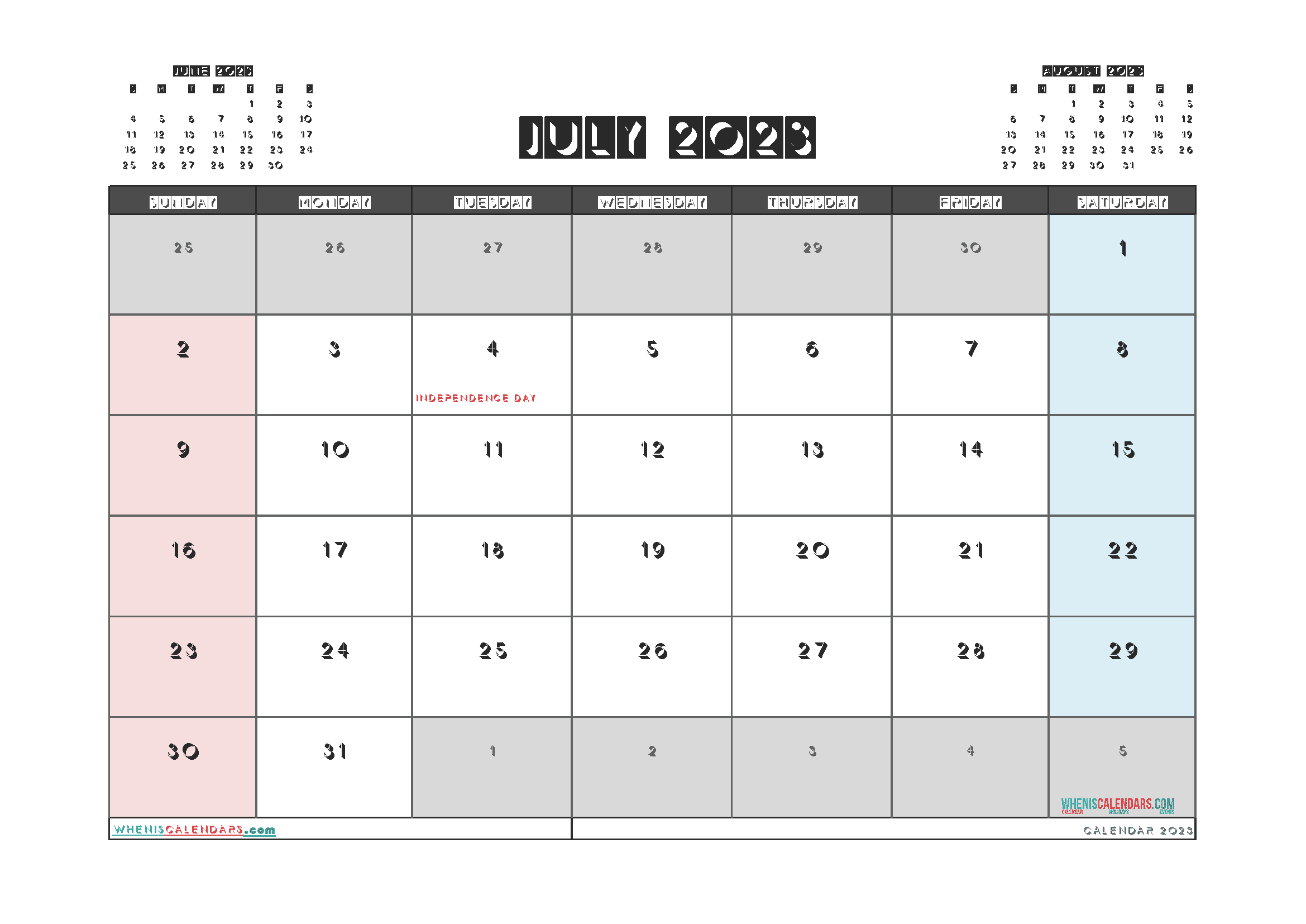 Free Printable Calendar July 2023 with Holidays PDF in Landscape