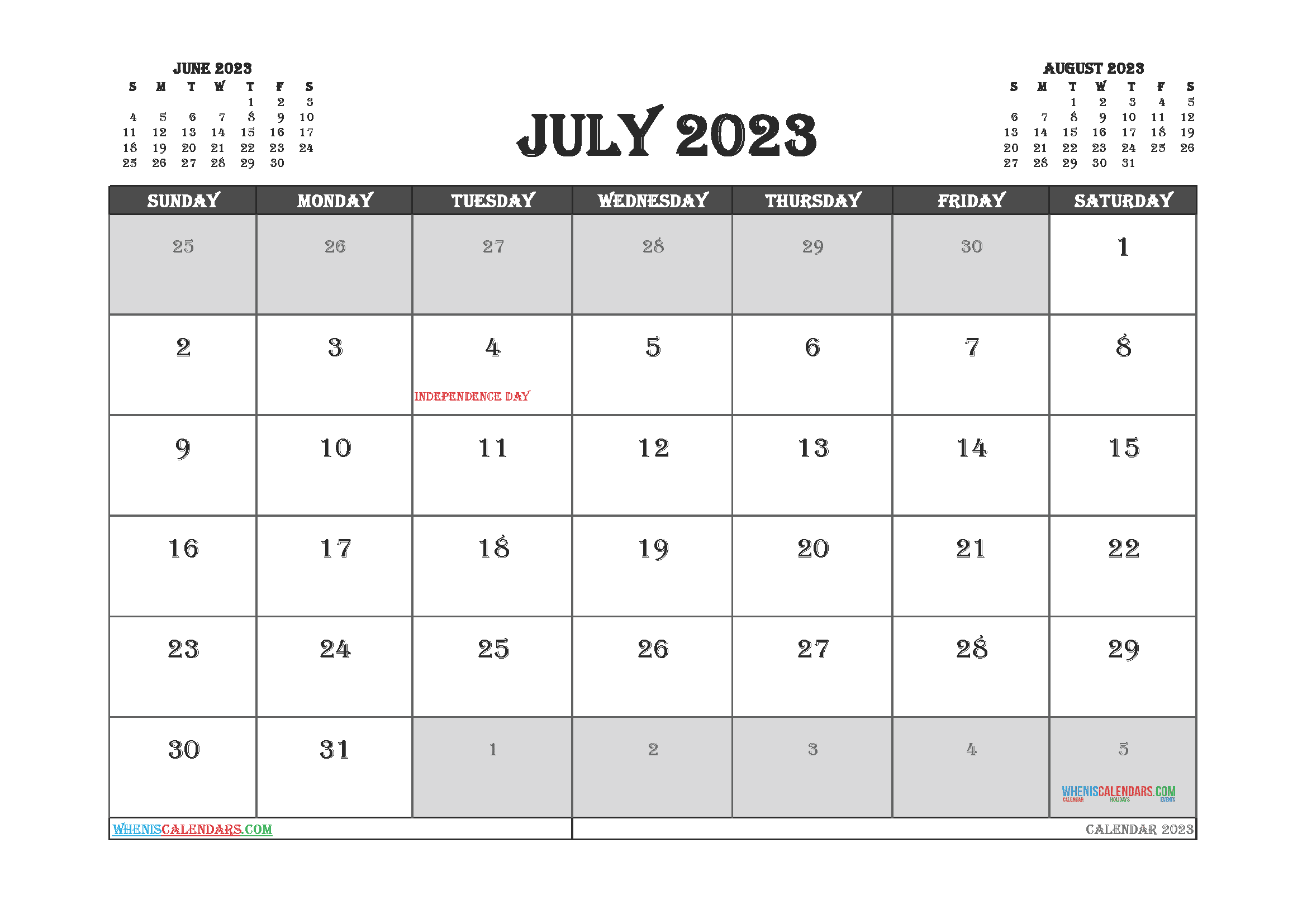 Free July 2023 Calendar with Holidays Printable PDF in Landscape