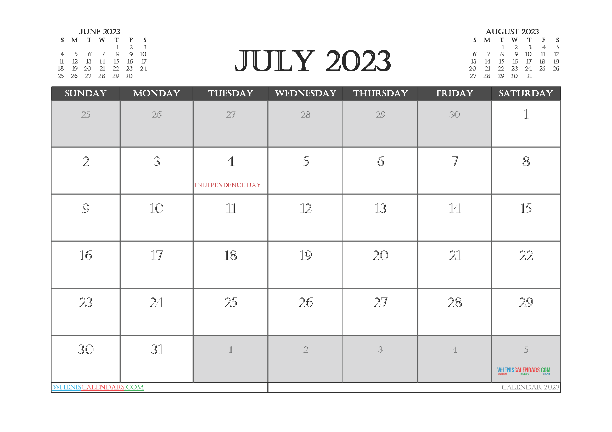Printable July 2023 Calendar with Holidays Free PDF in Landscape