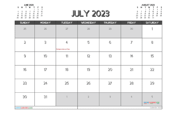 Free Calendar July 2023 with Holidays Printable PDF in Landscape (TMP: 723ha4hl112)