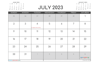 Downloadable July 2023 Calendar with Holidays Printable Free PDF in Landscape (TMP: 723ha4hl114)