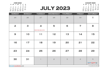 Free Calendar 2023 July with Holidays PDF in Landscape (TMP: 723ha4hl115)