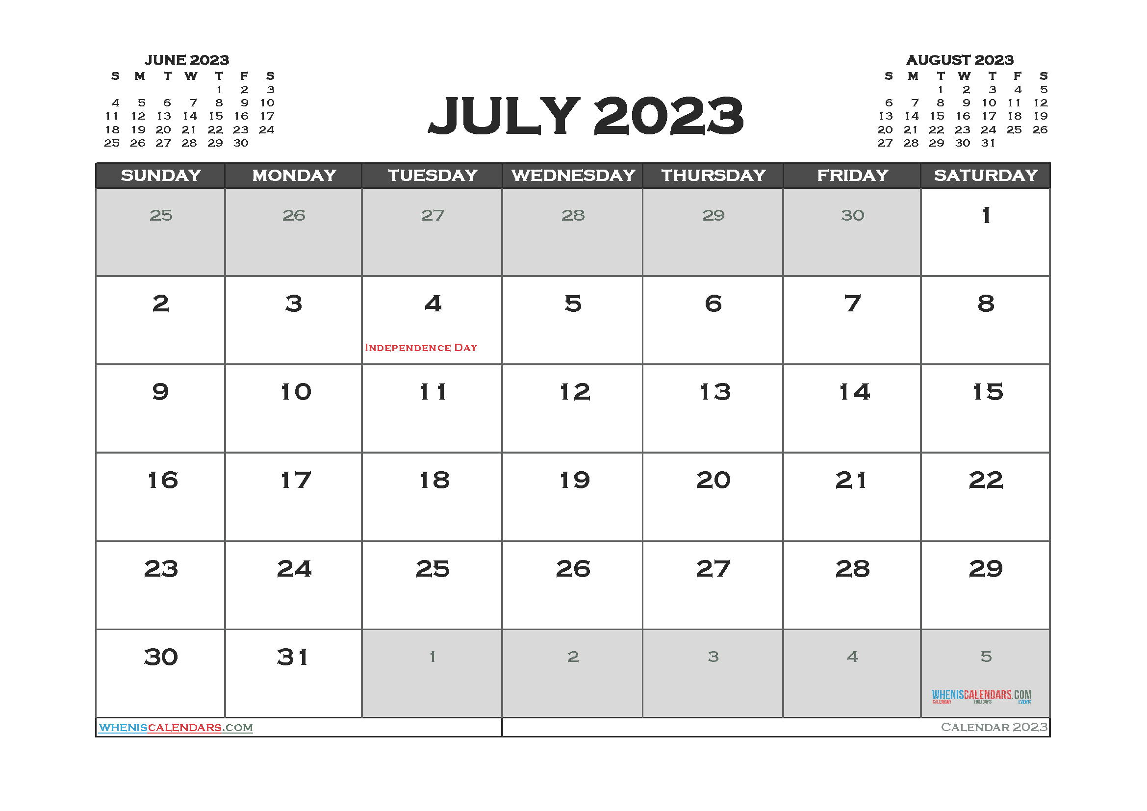 Free Calendar 2023 July with Holidays PDF in Landscape
