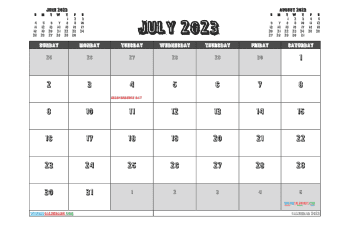 Free Calendar July 2023 with Holidays Printable PDF in Landscape (TMP: 723ha4hl121)