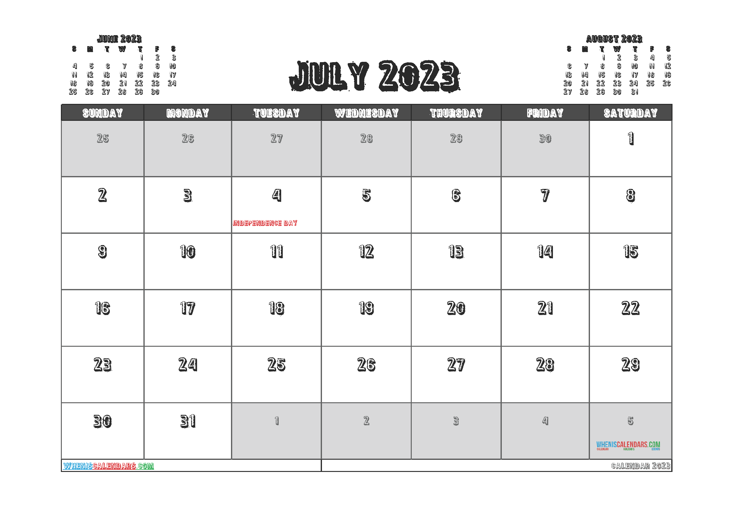 Free Calendar July 2023 with Holidays Printable PDF in Landscape