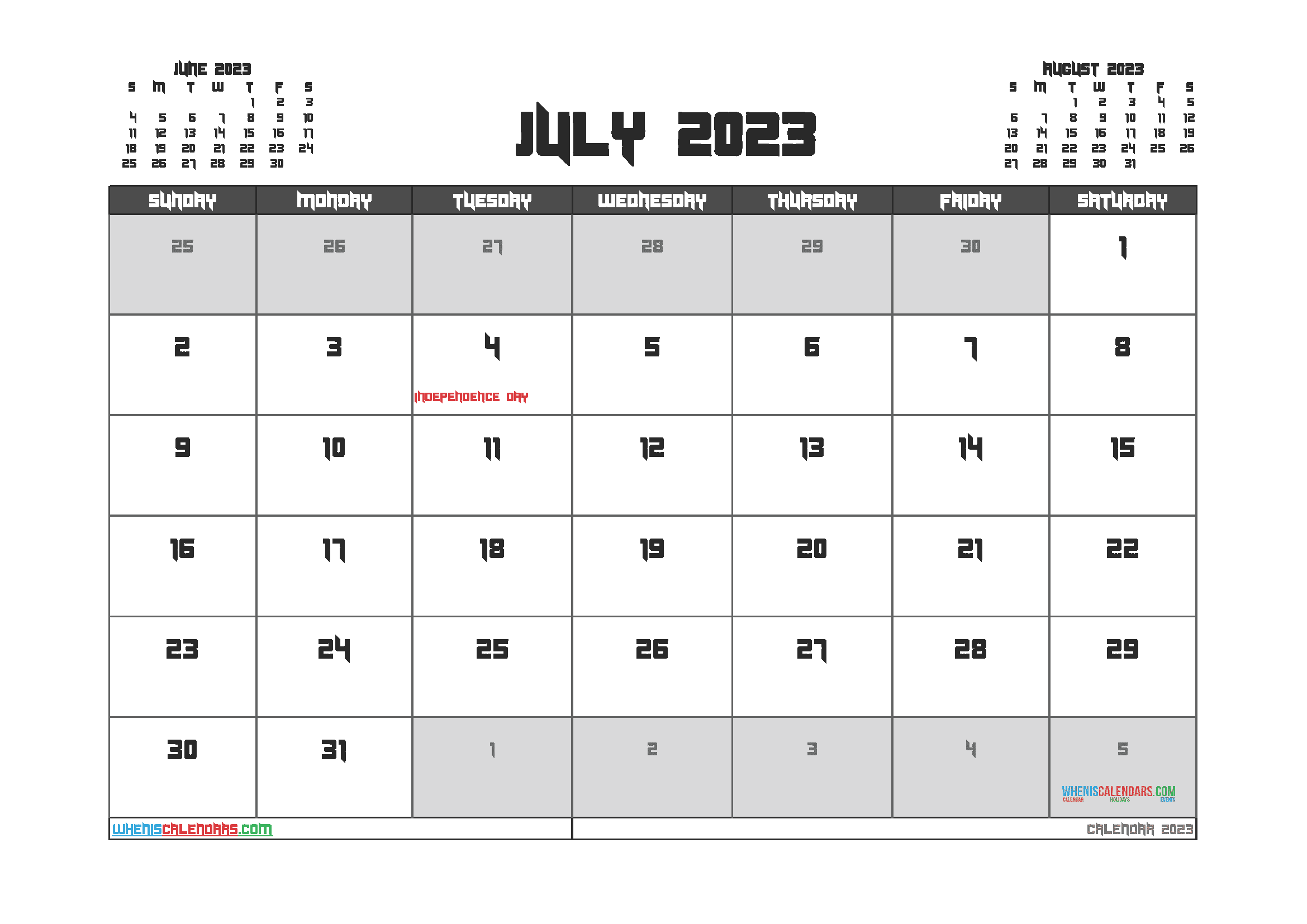 July 2023 Calendar with Holidays Free Printable PDF in Landscape