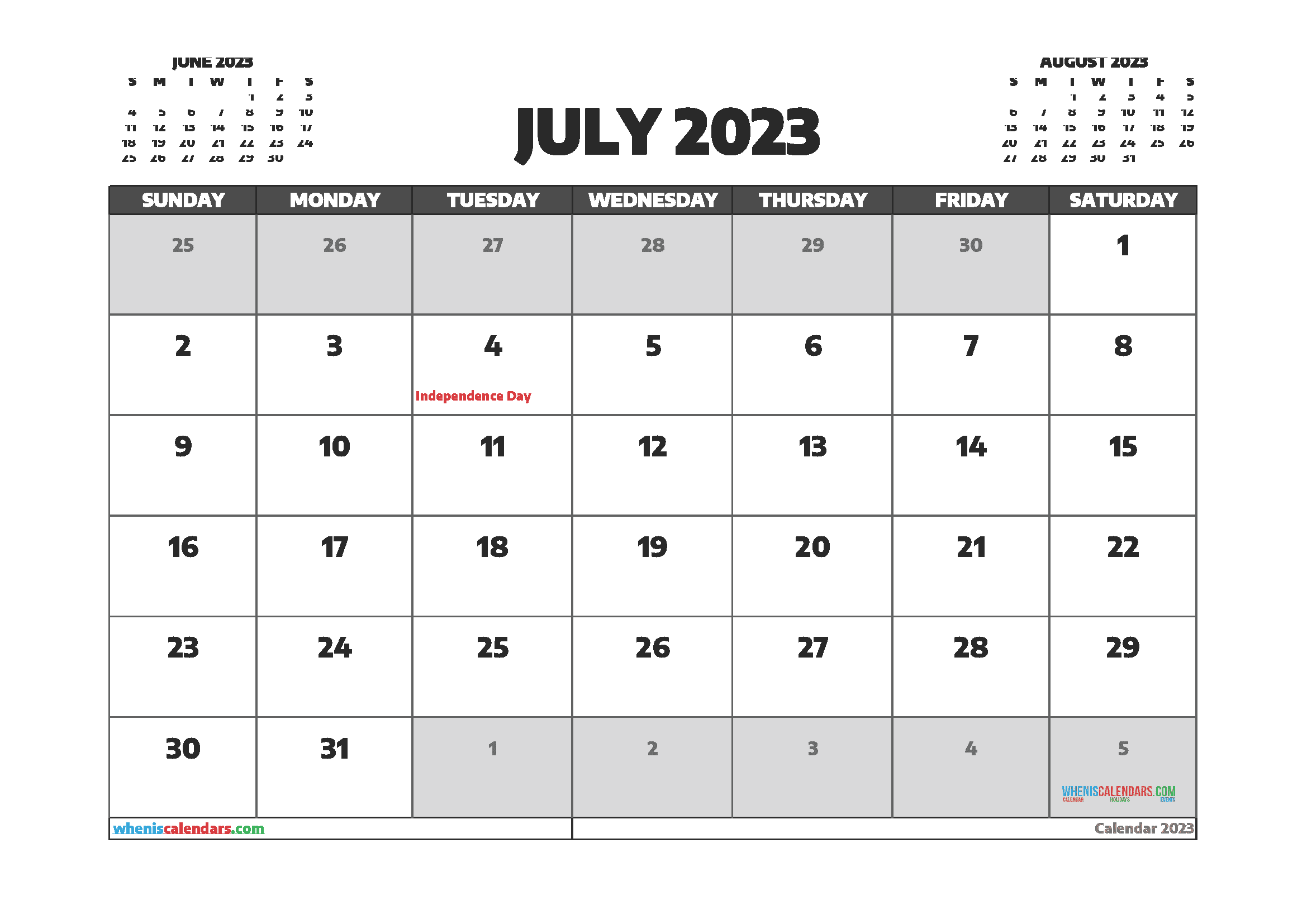 Downloadable July 2023 Calendar with Holidays Printable Free PDF in Landscape