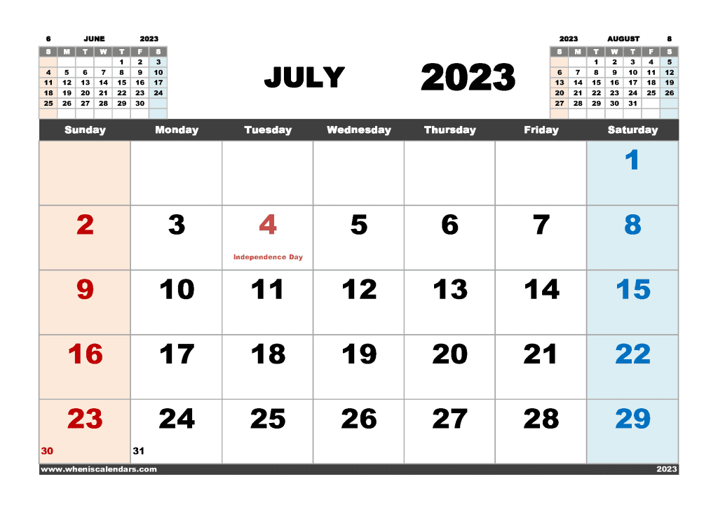 Downloadable free printable Calendar for July 2023 with holidays in variety format and orientation