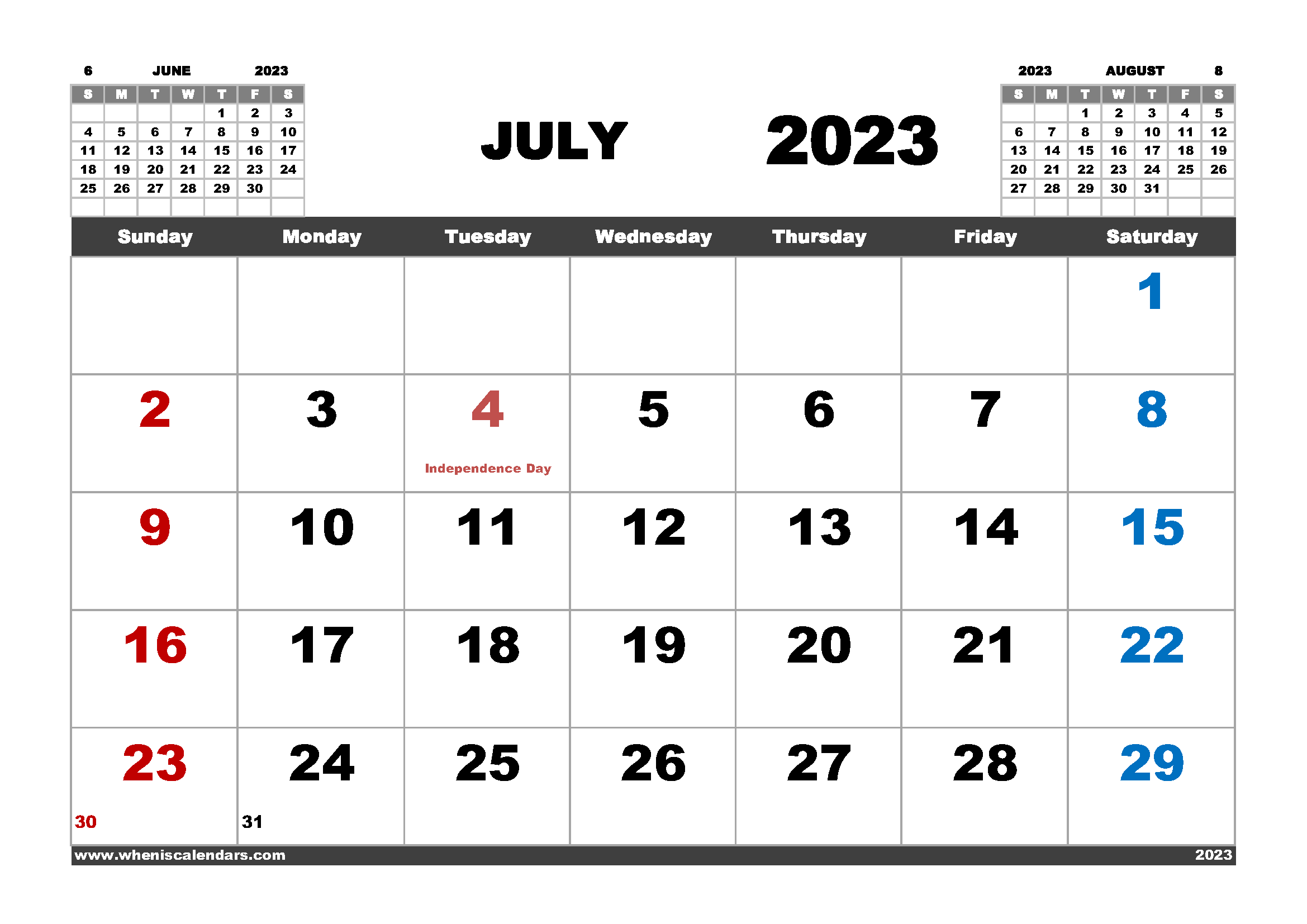 Free Printable Calendar 2023 July Landscape