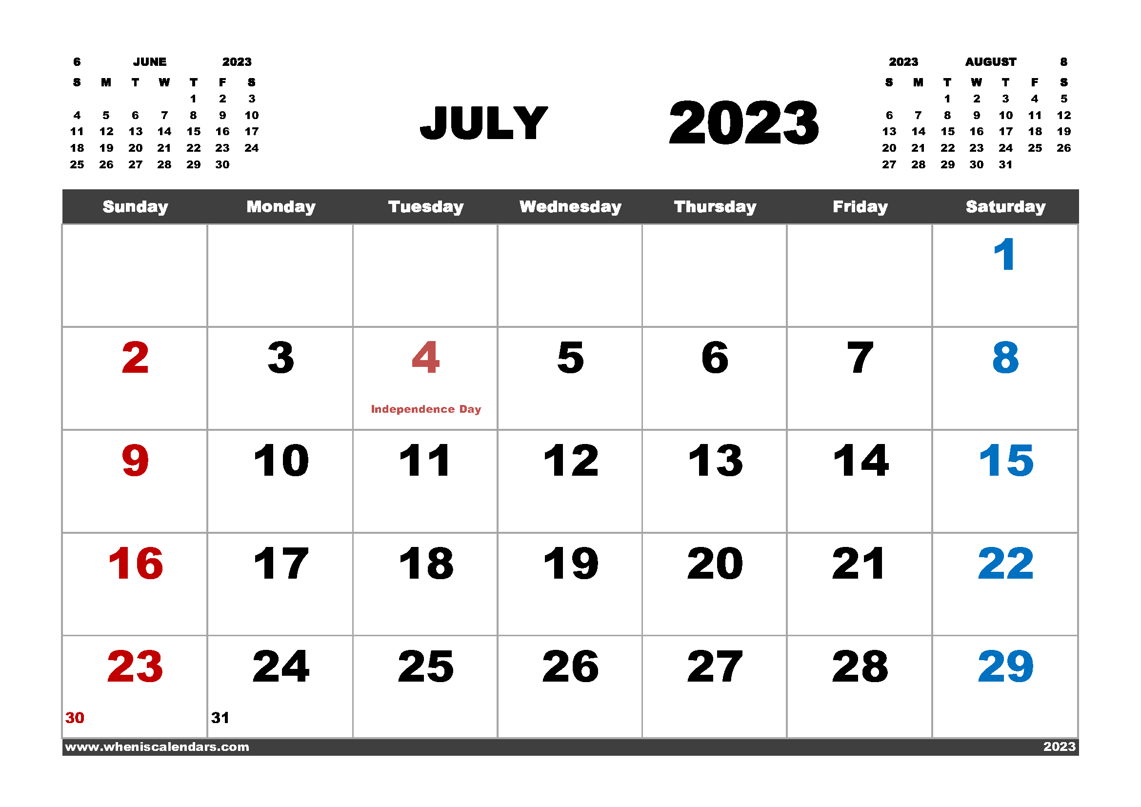 Free Printable Calendar July 2023 in Variety Formats