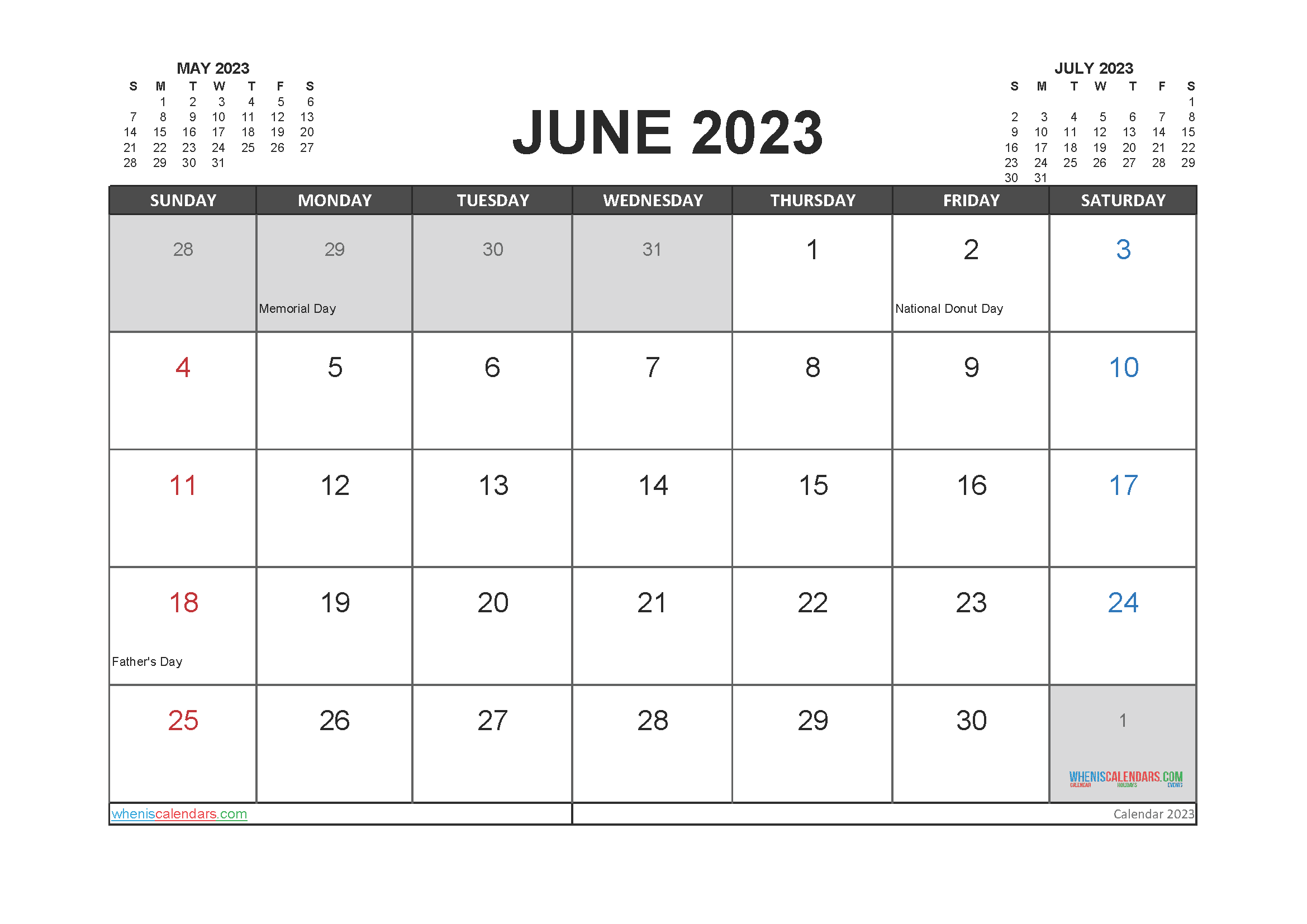 Free Calendar 2023 June with Holidays PDF in Landscape