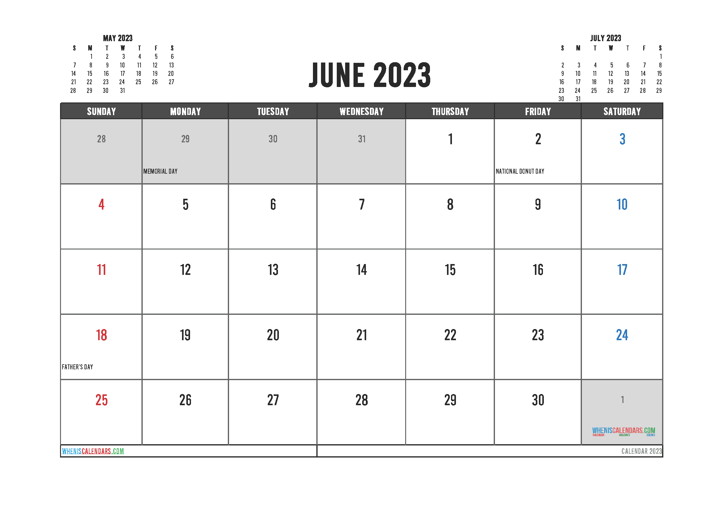 Printable June 2023 Calendar with Holidays Free PDF in Landscape