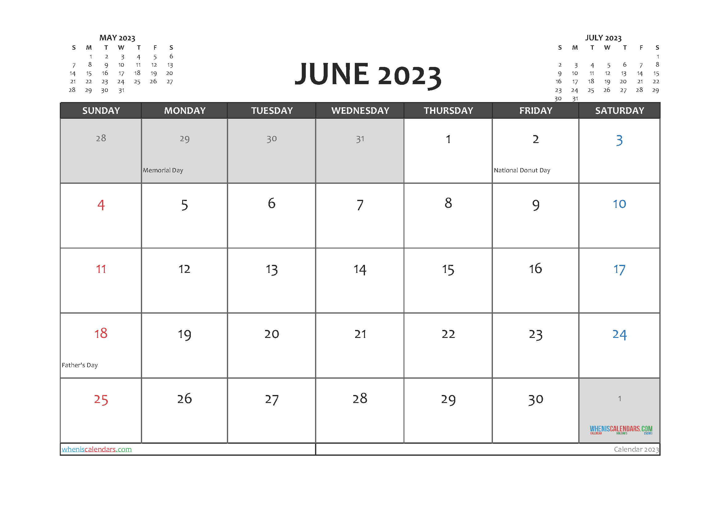 June 2023 Calendar with Holidays Free Printable PDF in Landscape