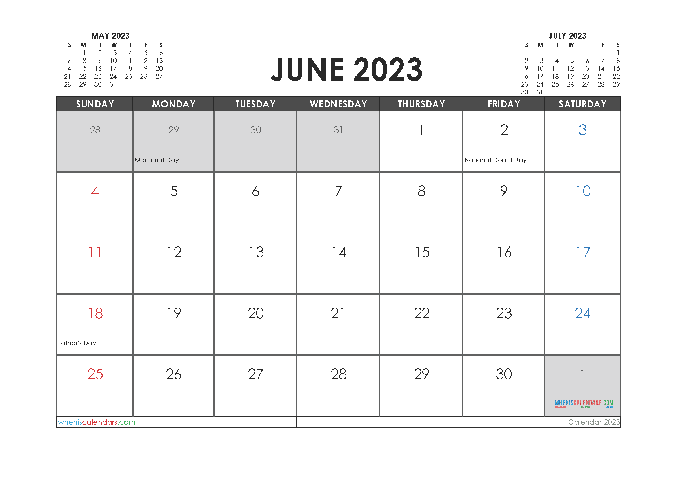 Free Calendar June 2023 with Holidays Printable PDF in Landscape