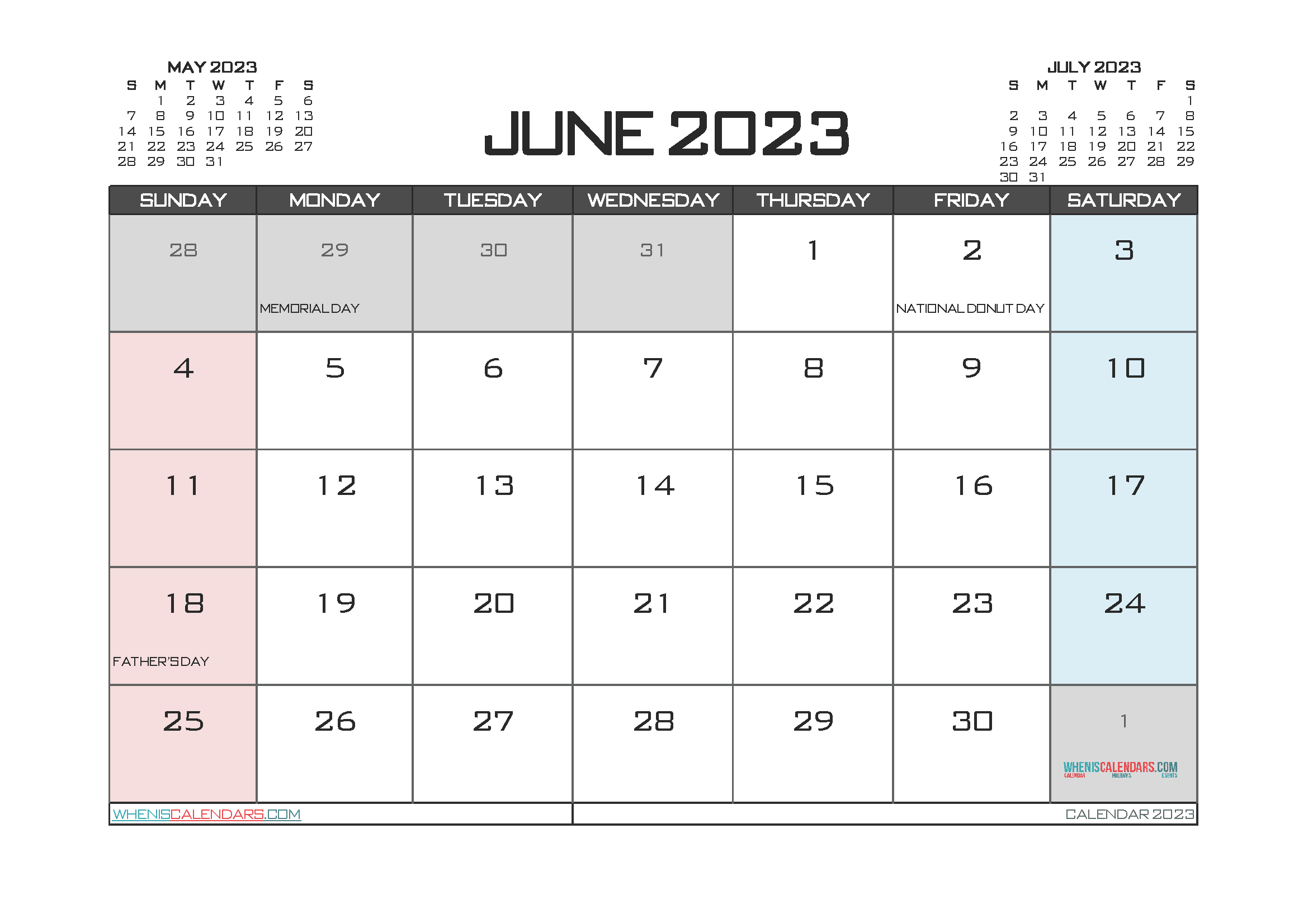 Free Printable June 2023 Calendar with Holidays PDF in Landscape