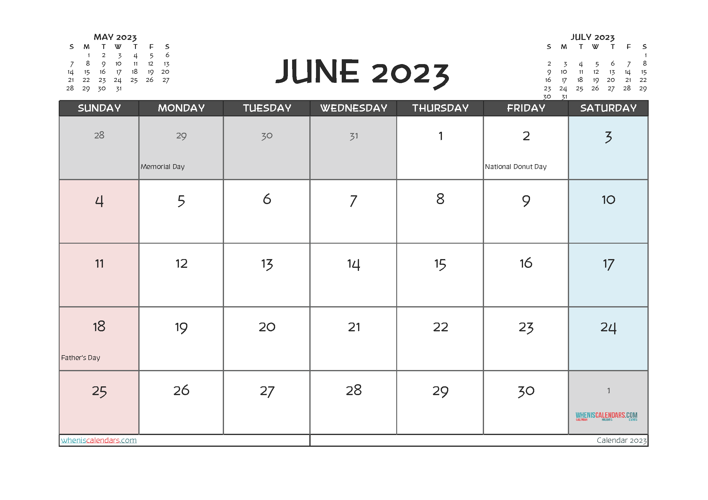 June 2023 Calendar with Holidays Free Printable PDF in Landscape