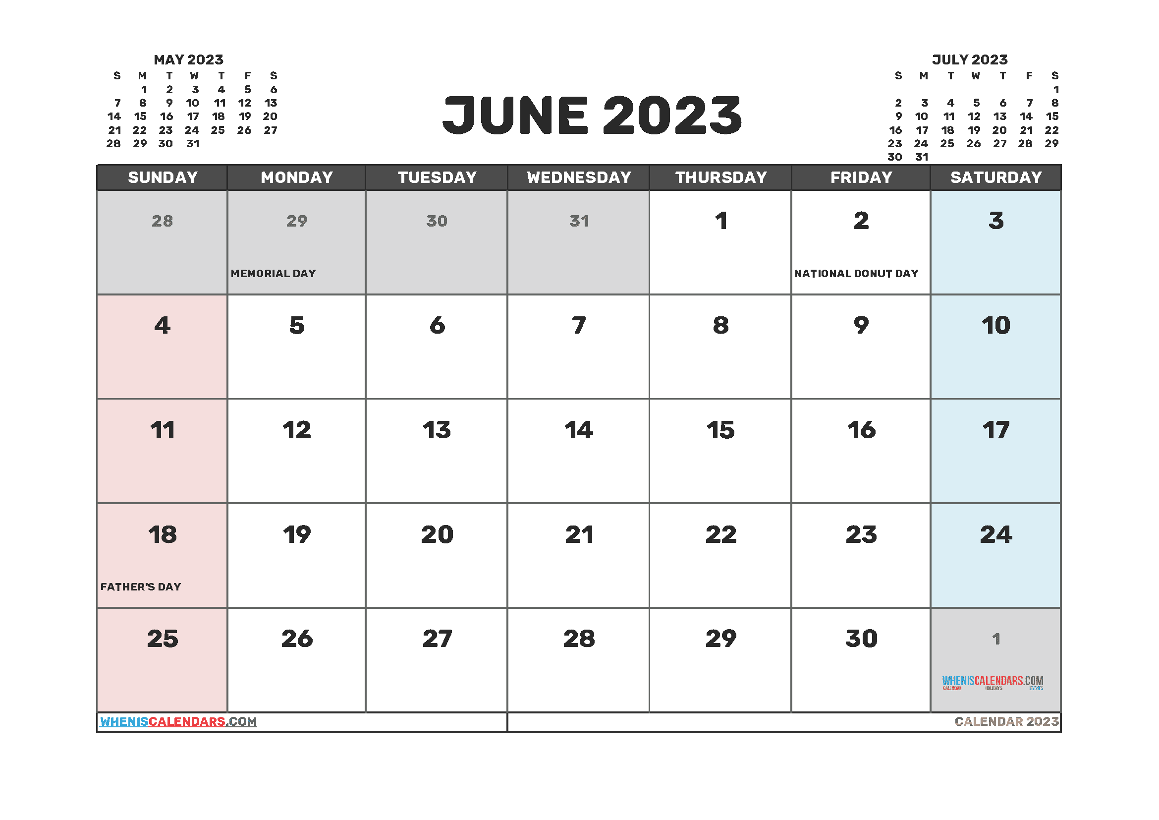 Free Printable Calendar 2023 June with Holidays PDF in Landscape