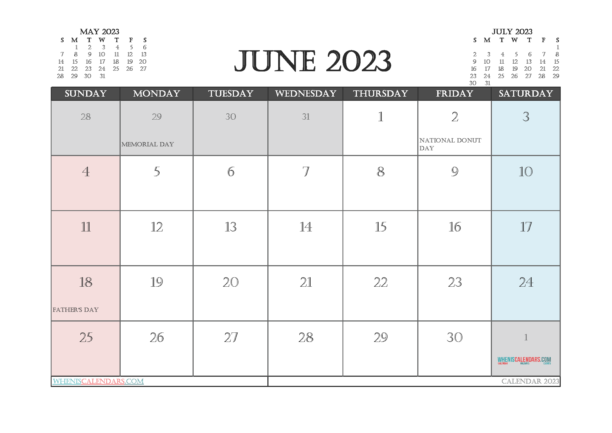 Free Calendar June 2023 with Holidays Printable PDF in Landscape